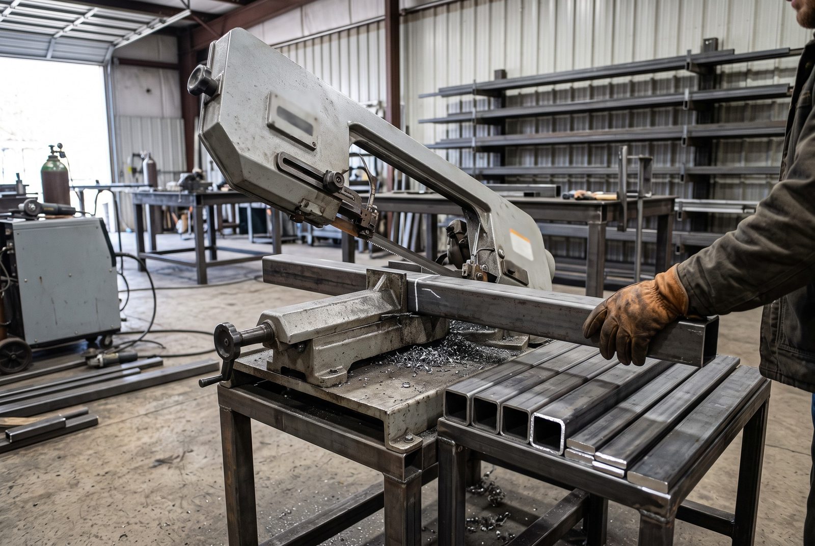 Design rendering of a band saw cutting square steel tube to length in a fabrication shop