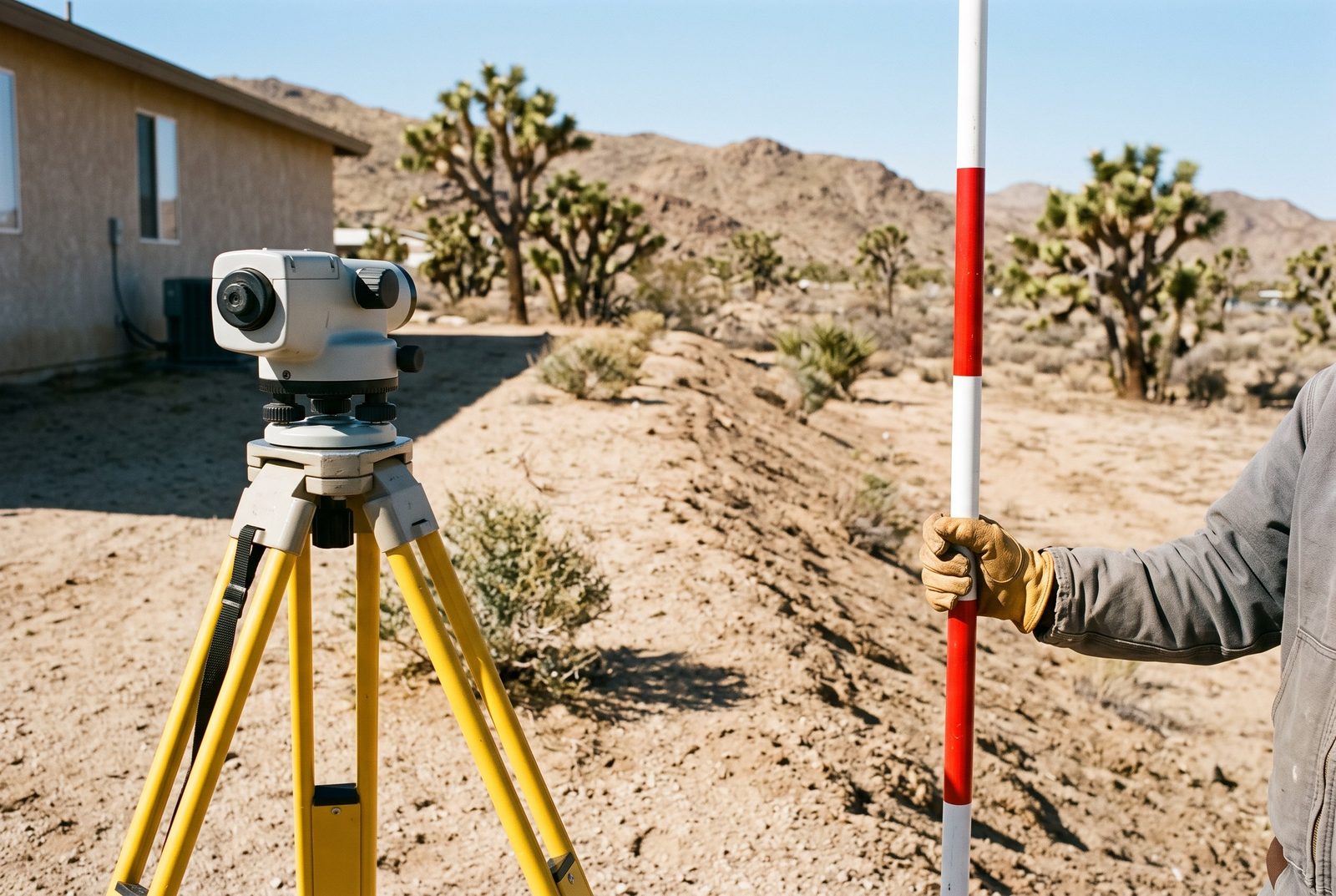 Design rendering of a builder's level on a tripod reading the grade along a sloping back yard property line