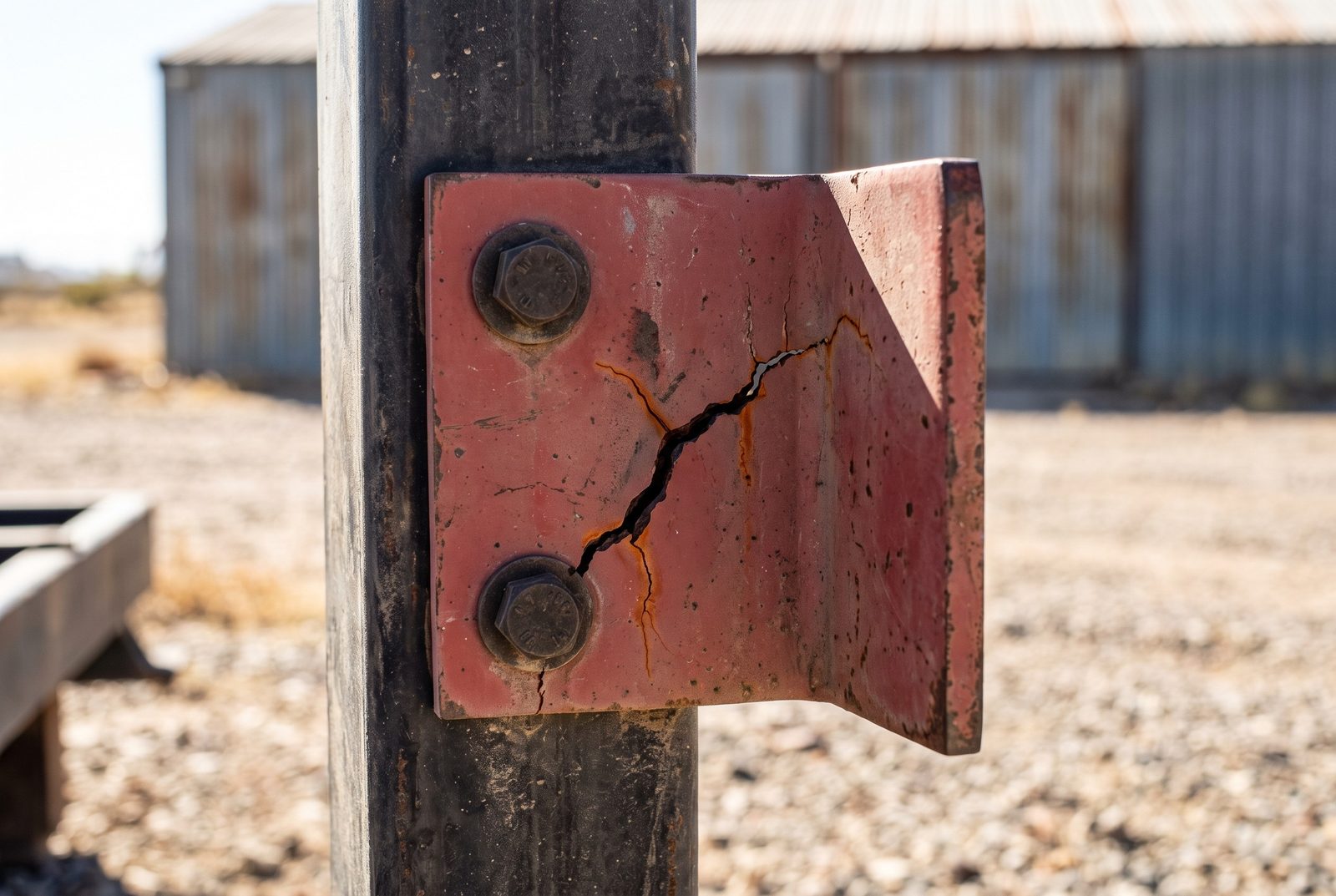 Design rendering of a heavy steel mounting bracket with a crack running out from its bolt hole