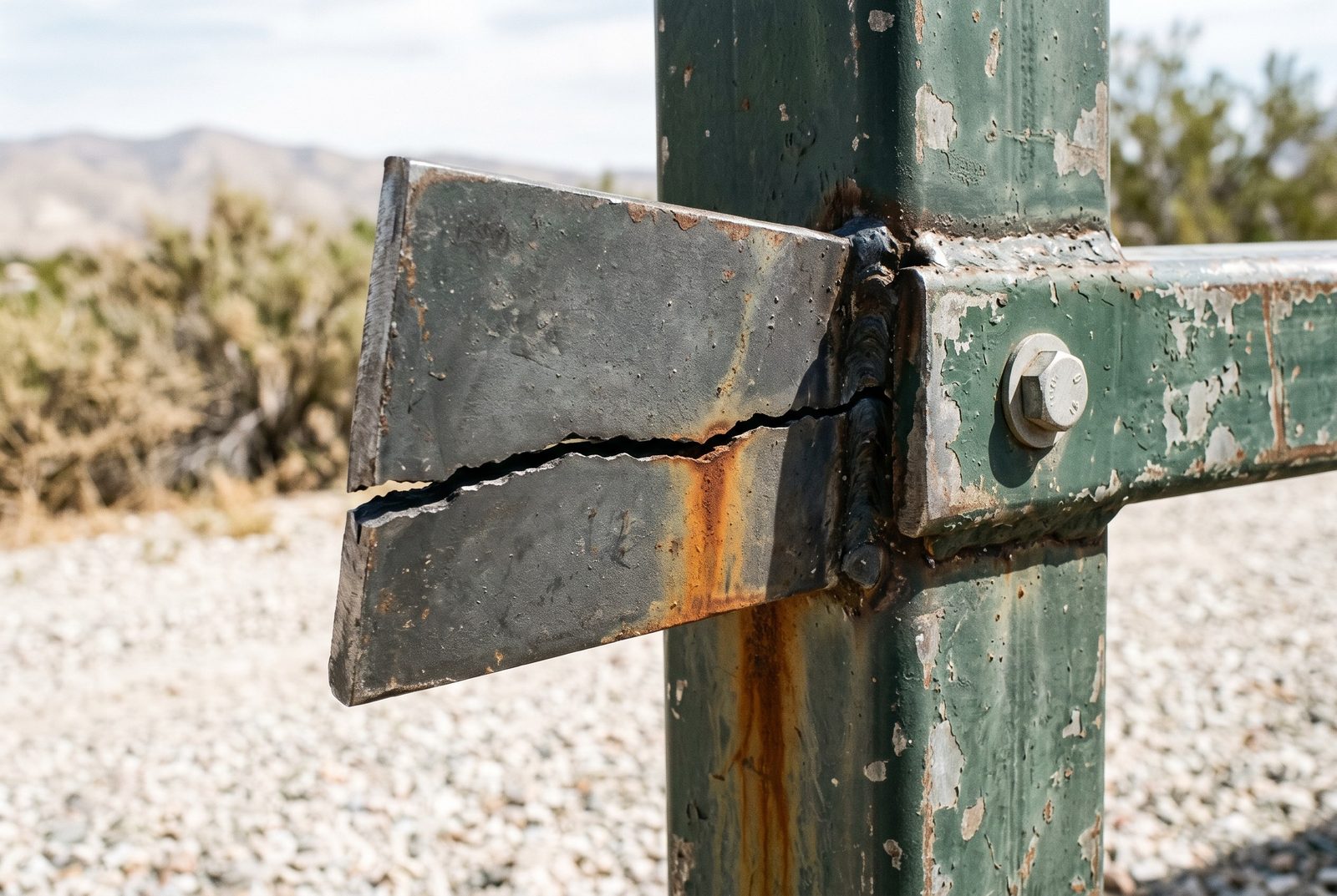 Design rendering of a flat steel bracket cracked along its old weld on a square tube steel rack, rust bleeding from it