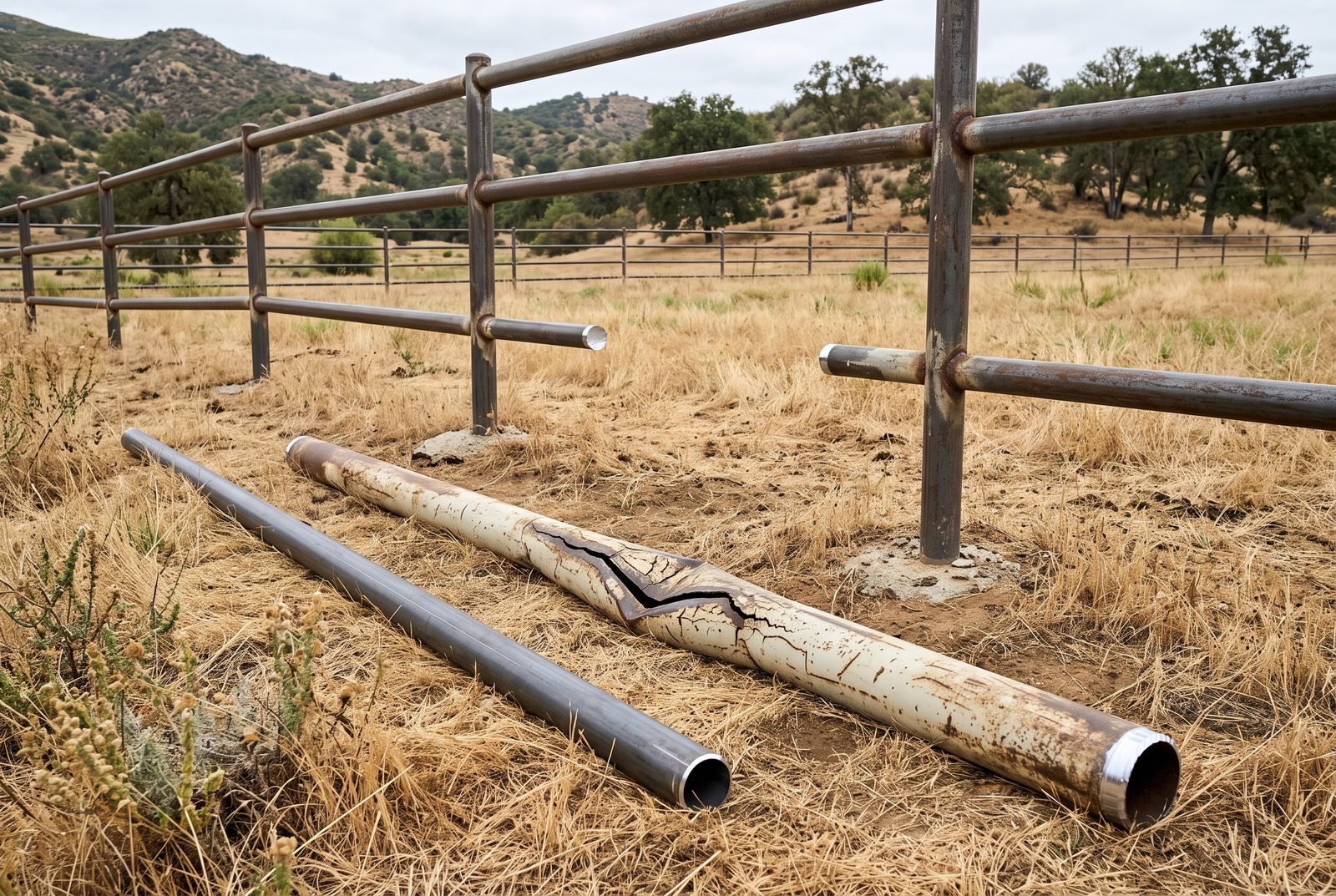 Design rendering of a cut out length of steel pipe rail with a sharp crease, lying in dry grass below a gap in a pipe fence