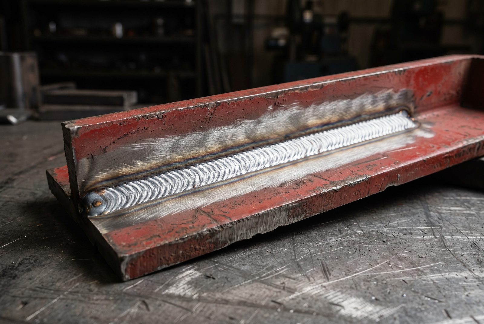 Design rendering of an even, finished weld bead running across a repaired steel bracket, the slag chipped clean
