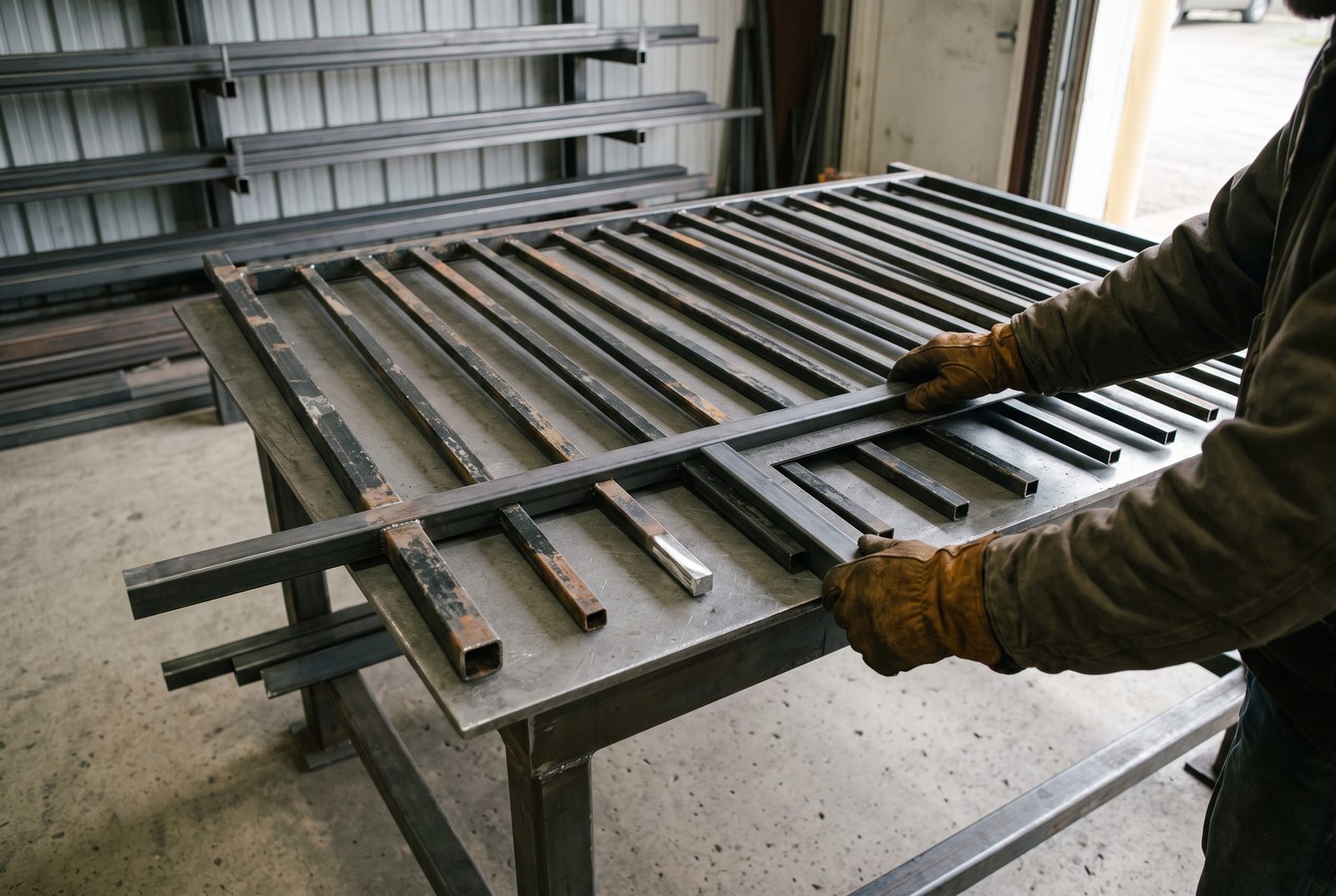 Design rendering of gloved hands fitting a new square steel picket under the top rail of a gate section on a shop bench