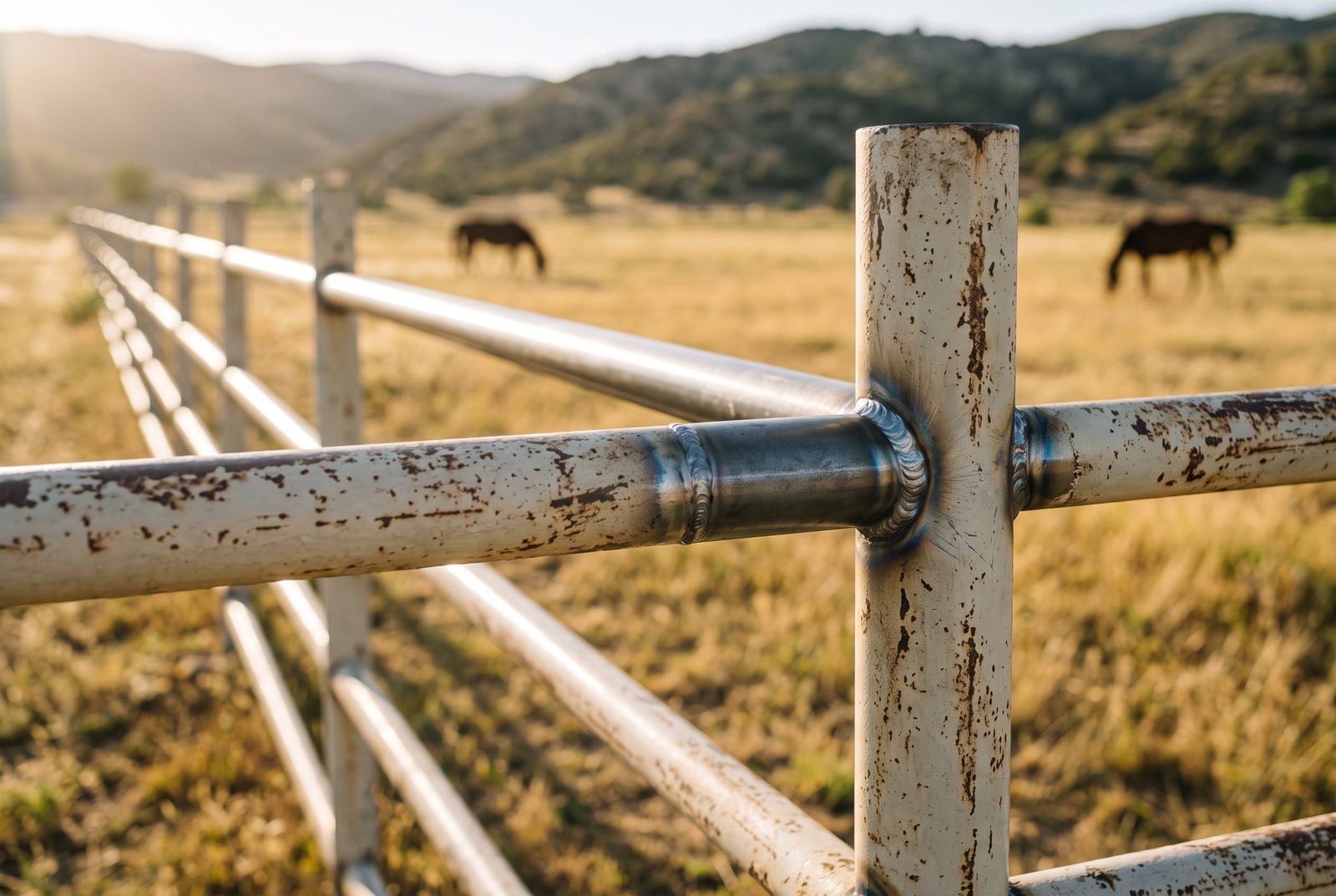 Design rendering of a fresh weld joining a steel pipe rail to a pipe post on an open three rail pasture fence
