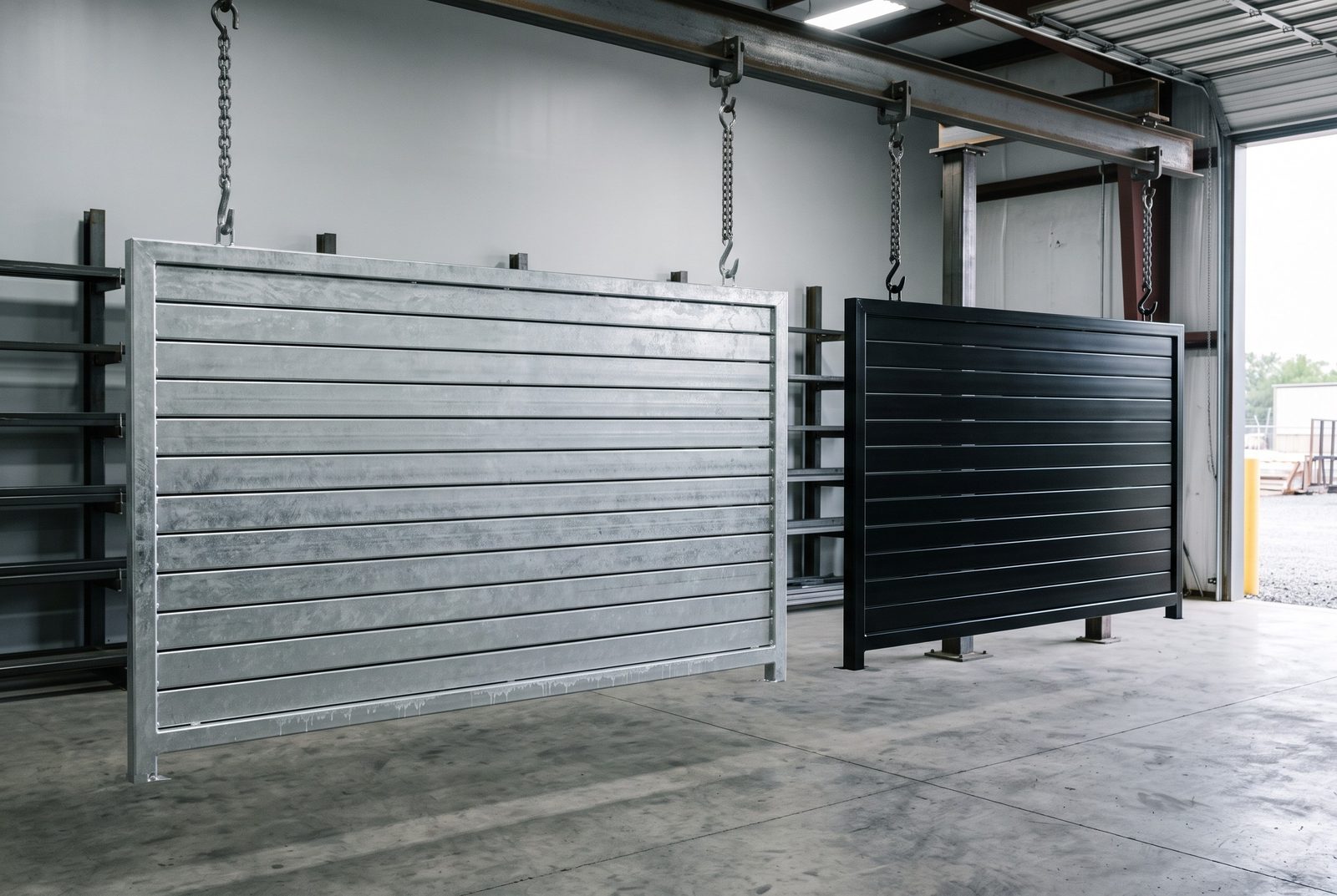 Design rendering of a galvanized steel slat gate leaf on a shop rack beside a matching leaf powder coated black