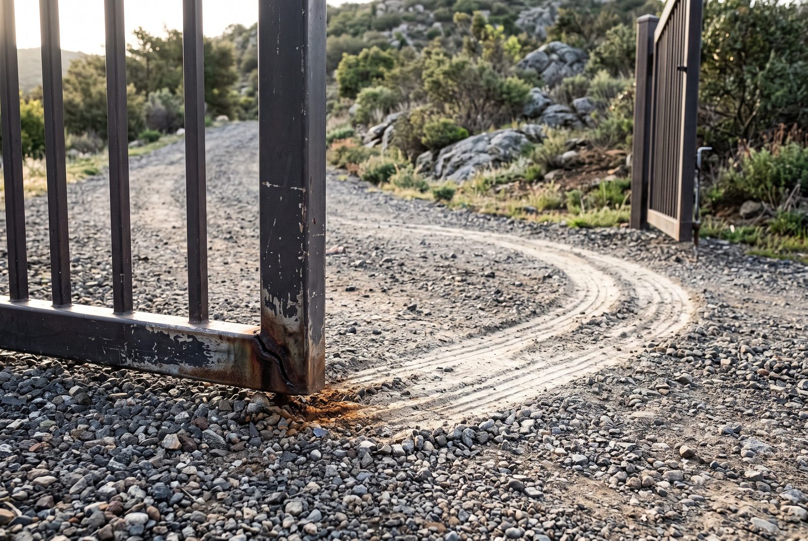 Design rendering of an open picket steel gate corner scraping an arc into a gravel drive, its corner weld cracked