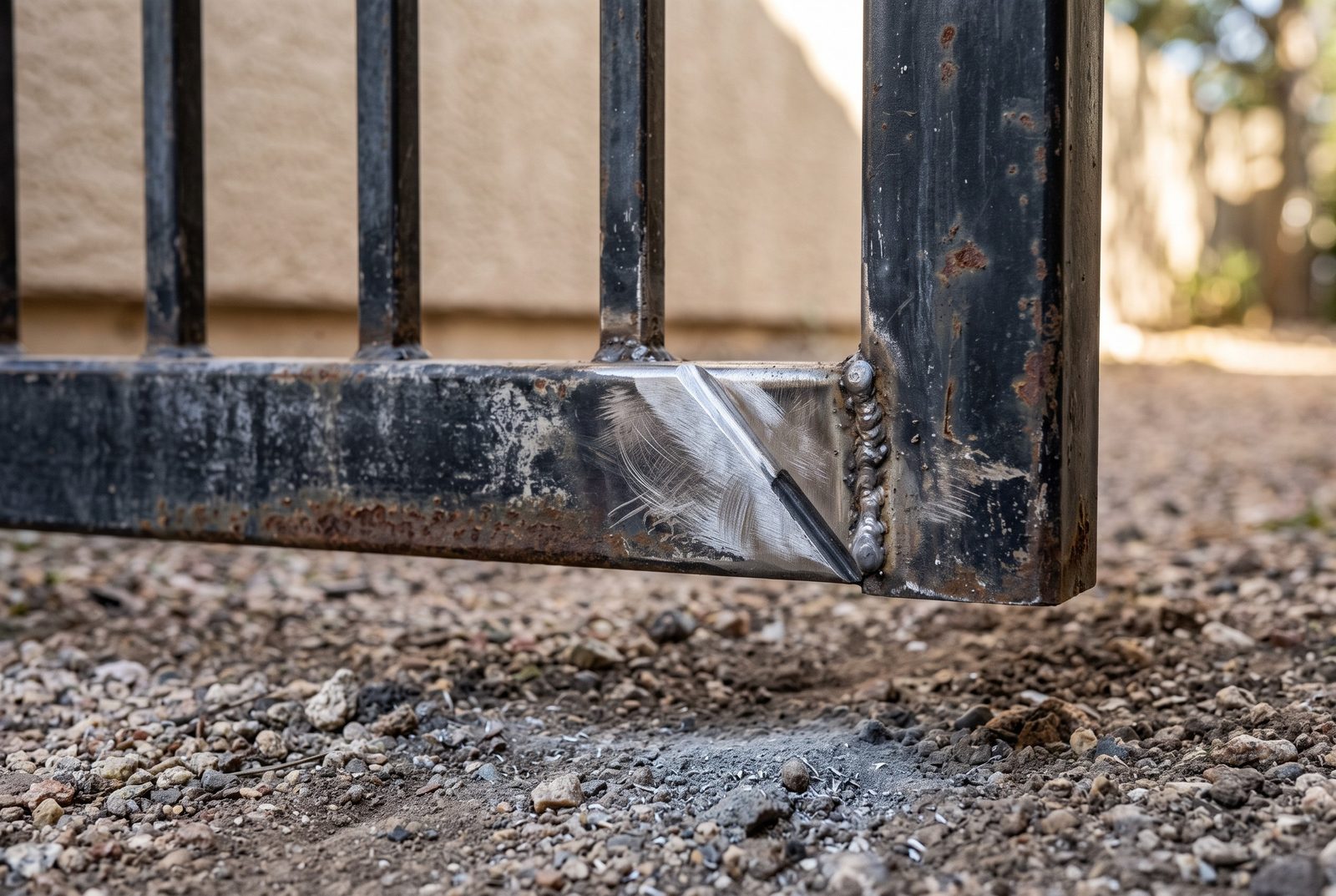 Design rendering of a cracked bottom corner joint on a steel gate ground out to bright metal, ready for welding