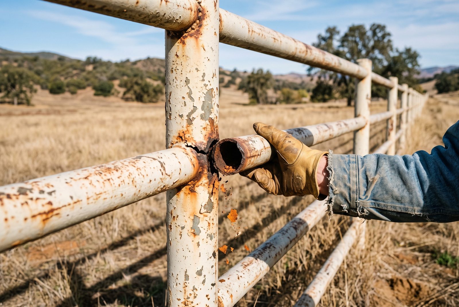 Design rendering of a gloved hand pushing a steel pipe fence rail that has cracked loose where it meets the post