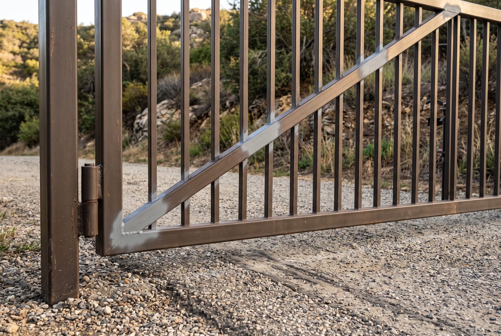 Design rendering of the lower hinge corner of an open picket steel gate with a new diagonal brace, clearing a gravel drive
