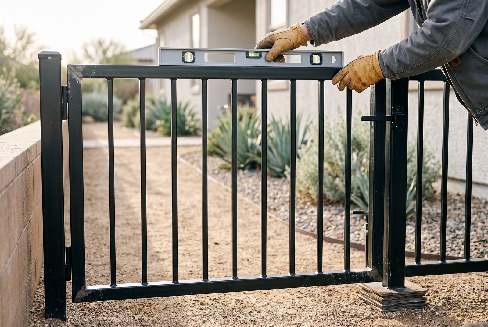 Design rendering of gloved hands holding a spirit level on the top rail of an open steel picket gate shimmed back to level