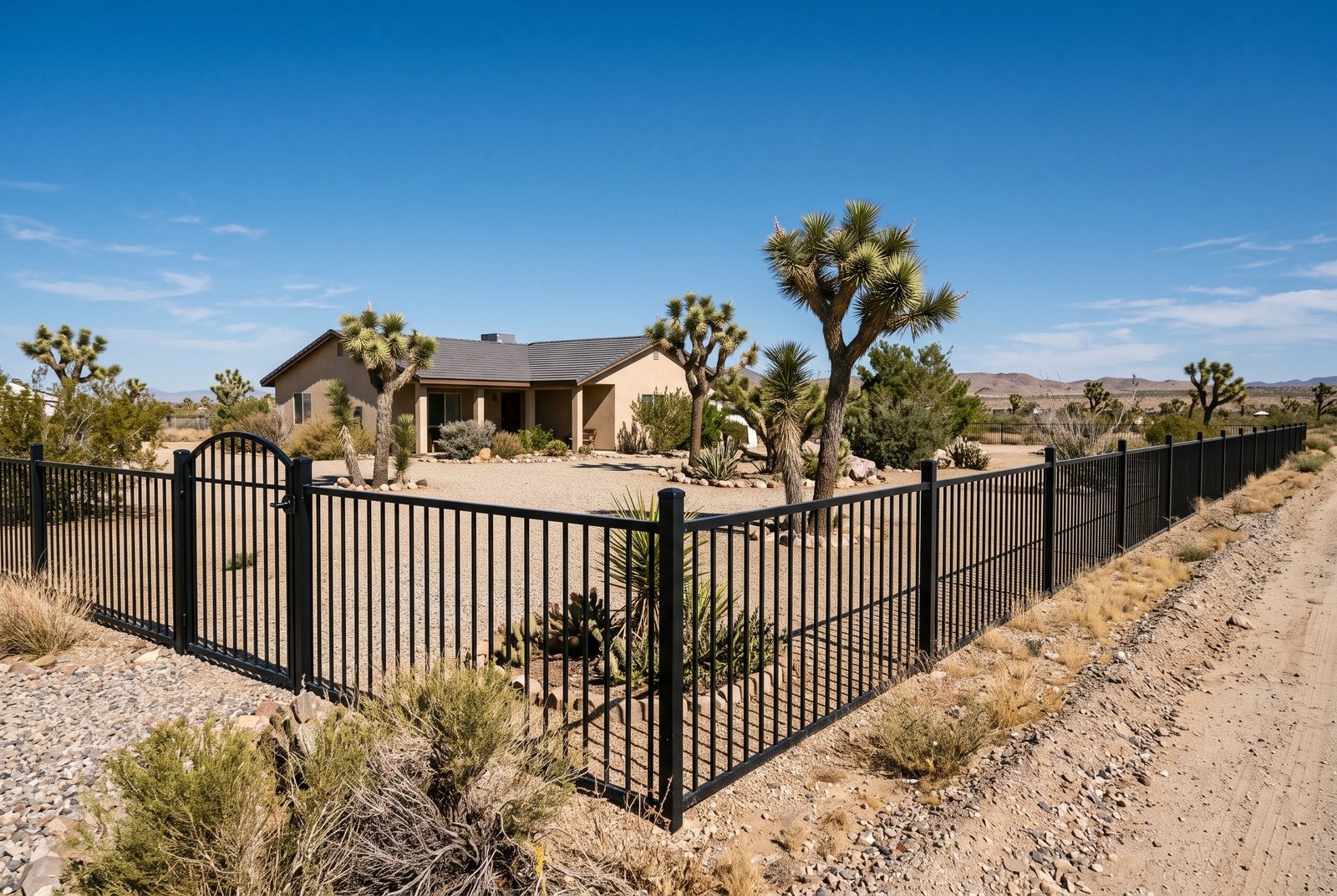 Design rendering of a low black steel picket fence with a walk gate around the front yard of a desert home