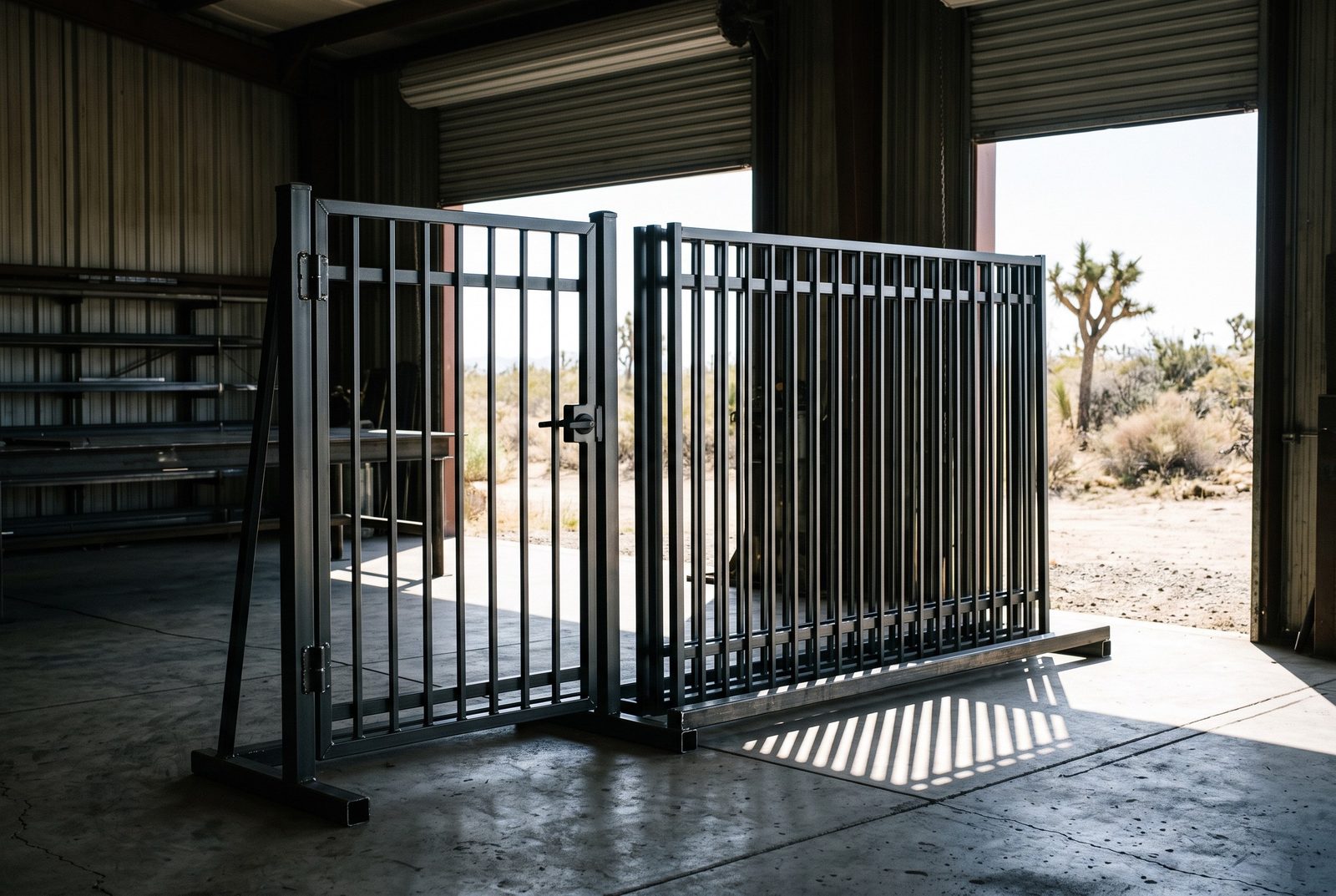 Design rendering of a black steel picket walk gate standing beside a stack of matching fence panels in a shop doorway