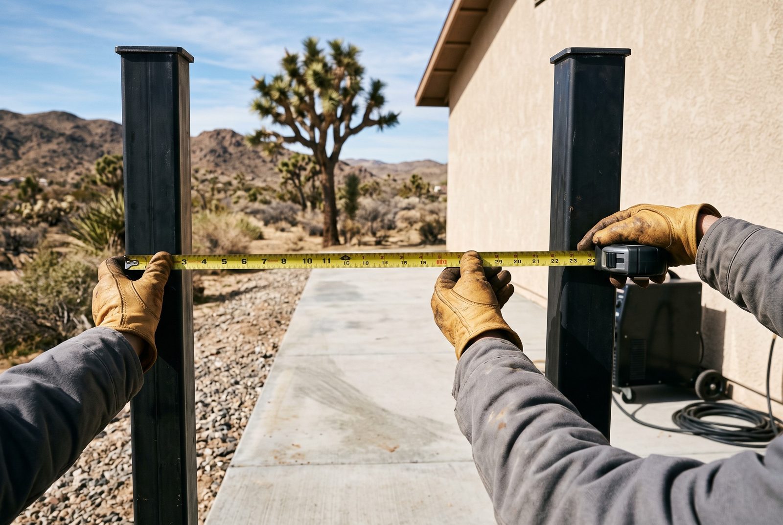Design rendering of gloved hands stretching a tape measure across an empty RV gate opening between two square steel posts