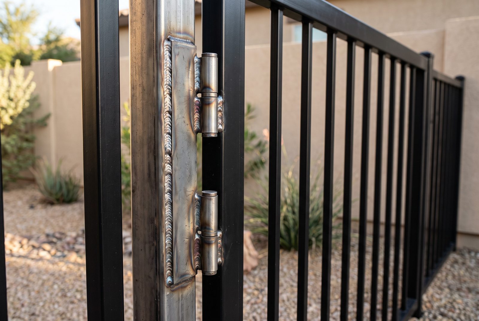 Design rendering of two new steel barrel hinges welded to a reinforcing plate along a square steel gate post