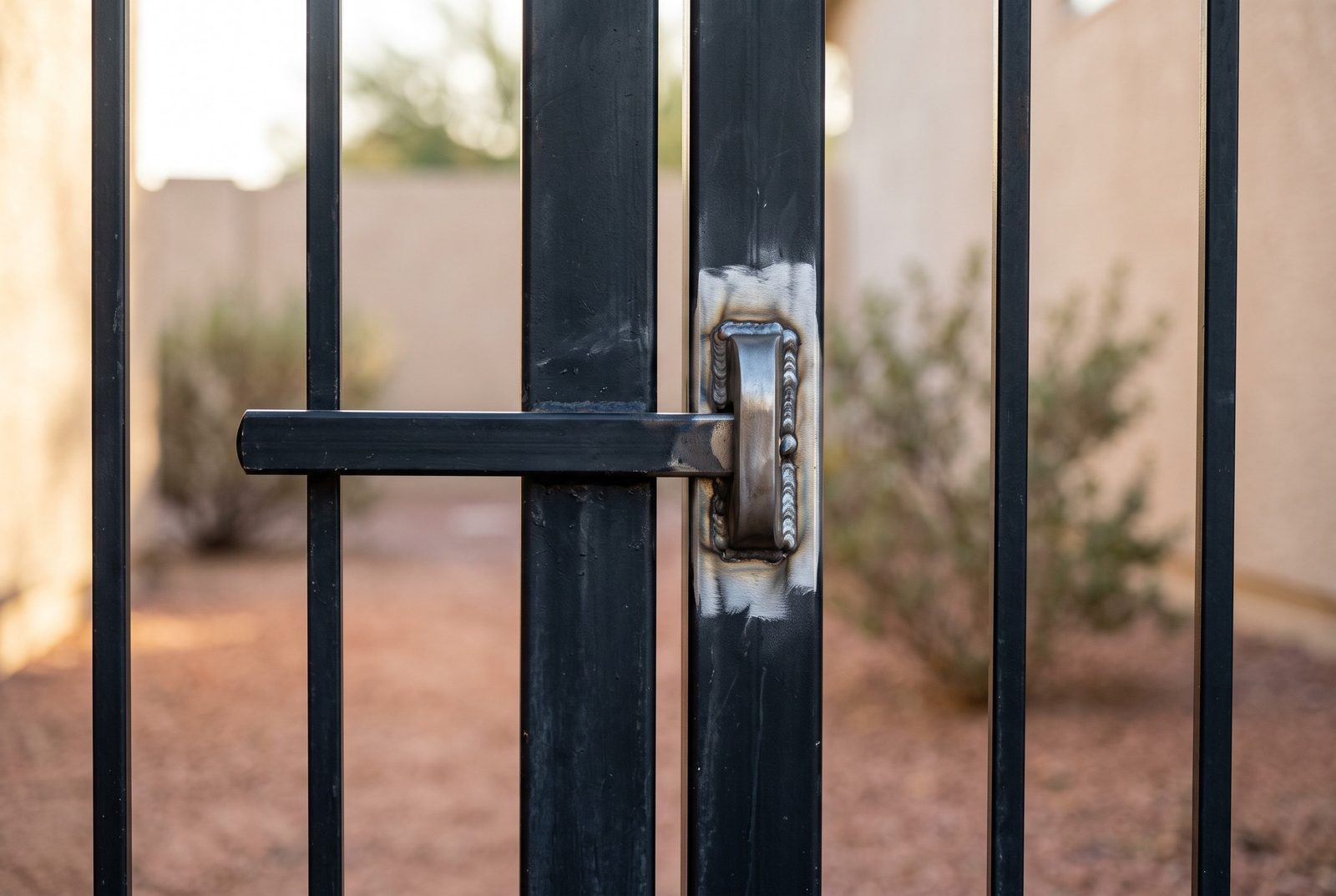 Design rendering of a gravity latch resting in a freshly welded steel keeper on a square tube latch post