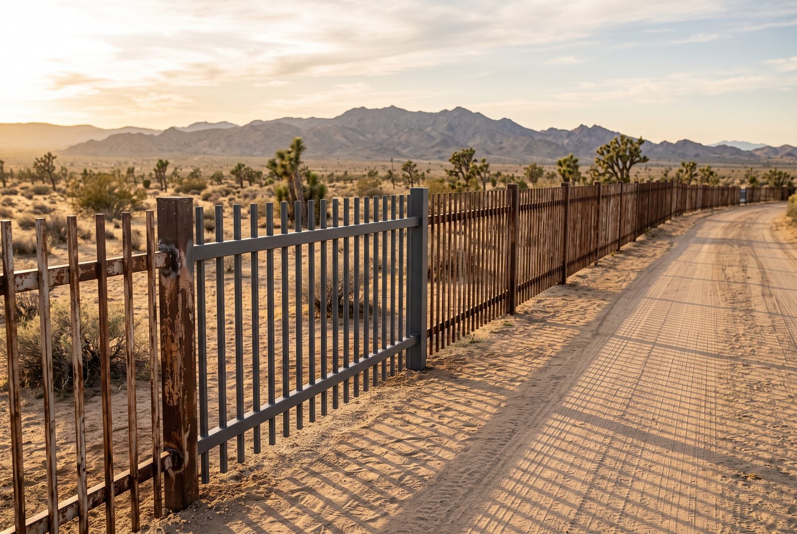 Design rendering of a new steel picket section welded into a long, low, weathered steel fence along a dirt road