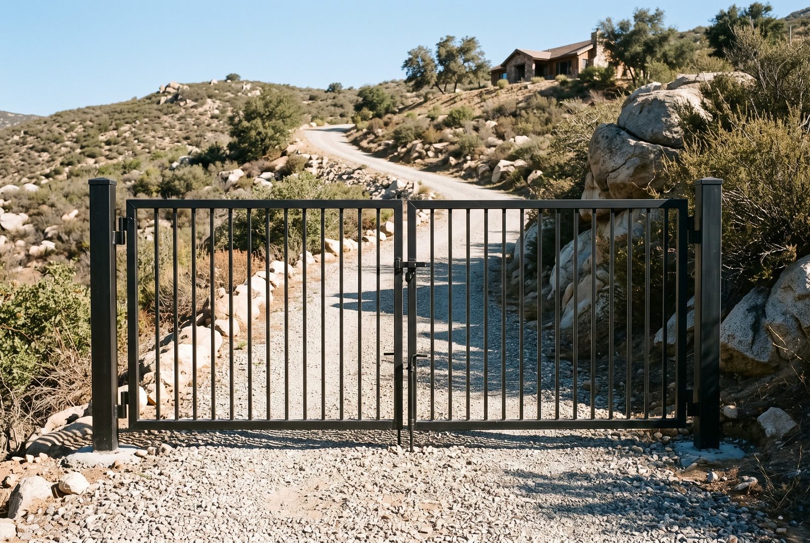 Design rendering of a double open picket steel driveway gate across a gravel drive that climbs a rocky hillside to a house