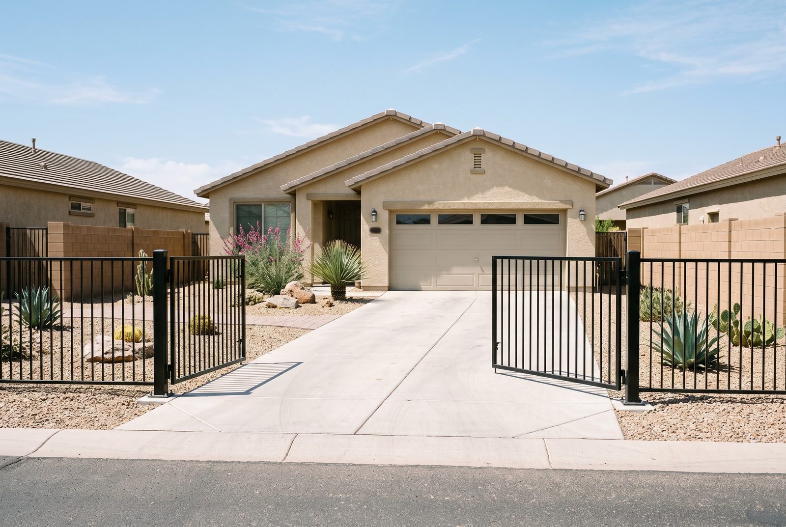 Design rendering of a double steel picket driveway gate standing open with both leaves swung in toward the house