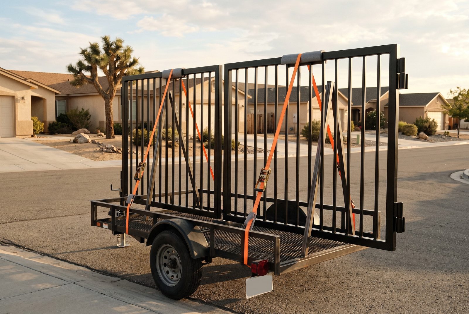 Design rendering of two black steel picket driveway gate leaves standing in a rack on a utility trailer