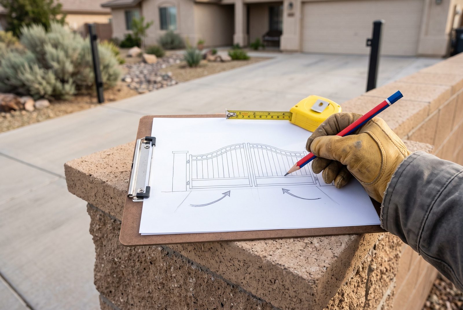Design rendering of a pencil drawing of a double picket gate on a clipboard with a tape measure beside a driveway