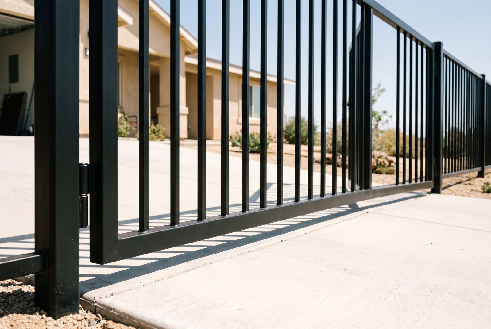 Design rendering of a steel picket driveway gate leaf swinging inward and clearing a drive that rises toward the house