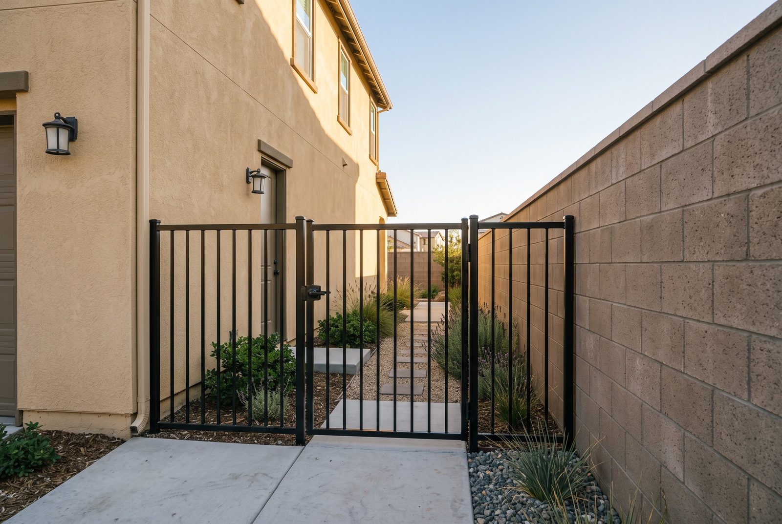 Design rendering of a black steel picket gate across a side yard path between a stucco house and a block wall