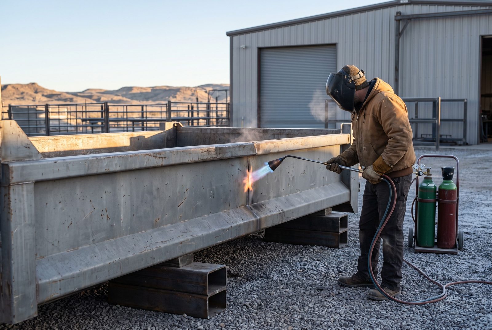 Design rendering of a welder preheating a cracked dump body wear plate with a gas torch on a frosty morning