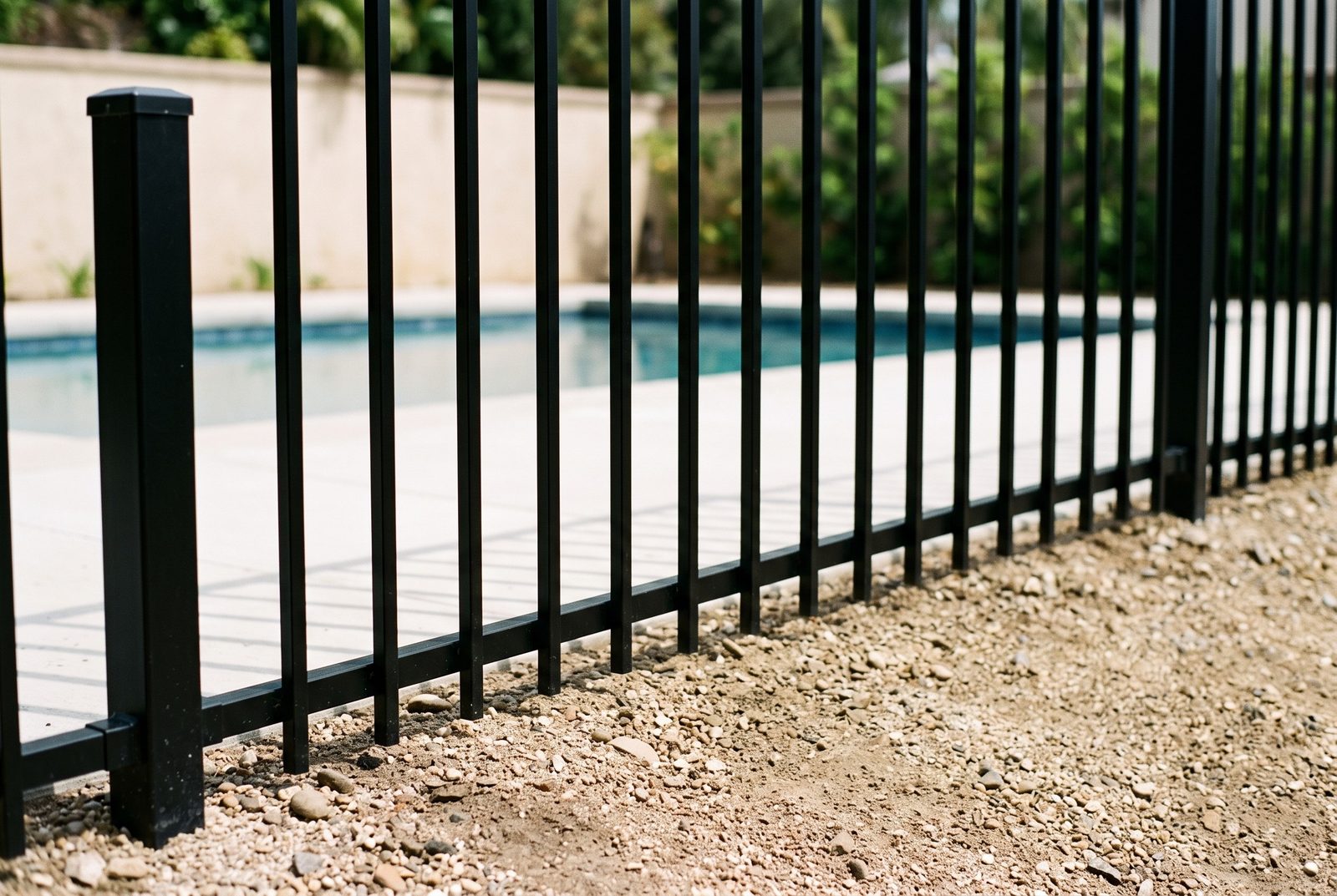 Design rendering of a black steel picket pool fence raked to follow a gentle slope with an even gap at the bottom