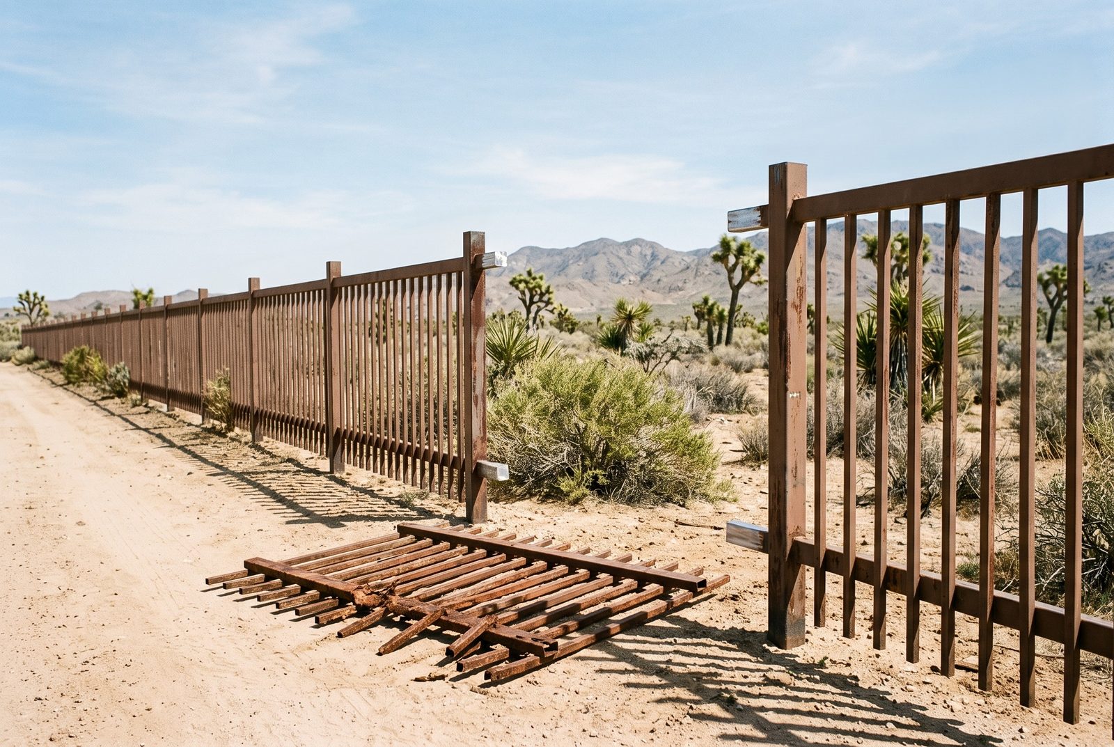Design rendering of a rusted steel picket fence section lying on dirt beside the gap it was cut from, the rail ends bright