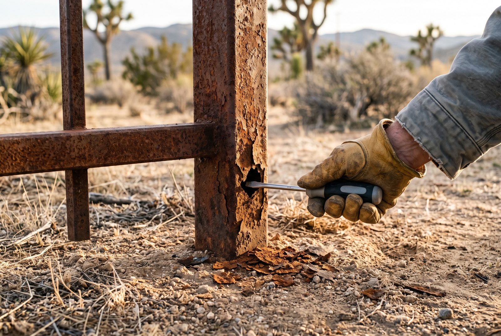 Design rendering of a gloved hand pushing a screwdriver into the rusted base of a square steel fence post
