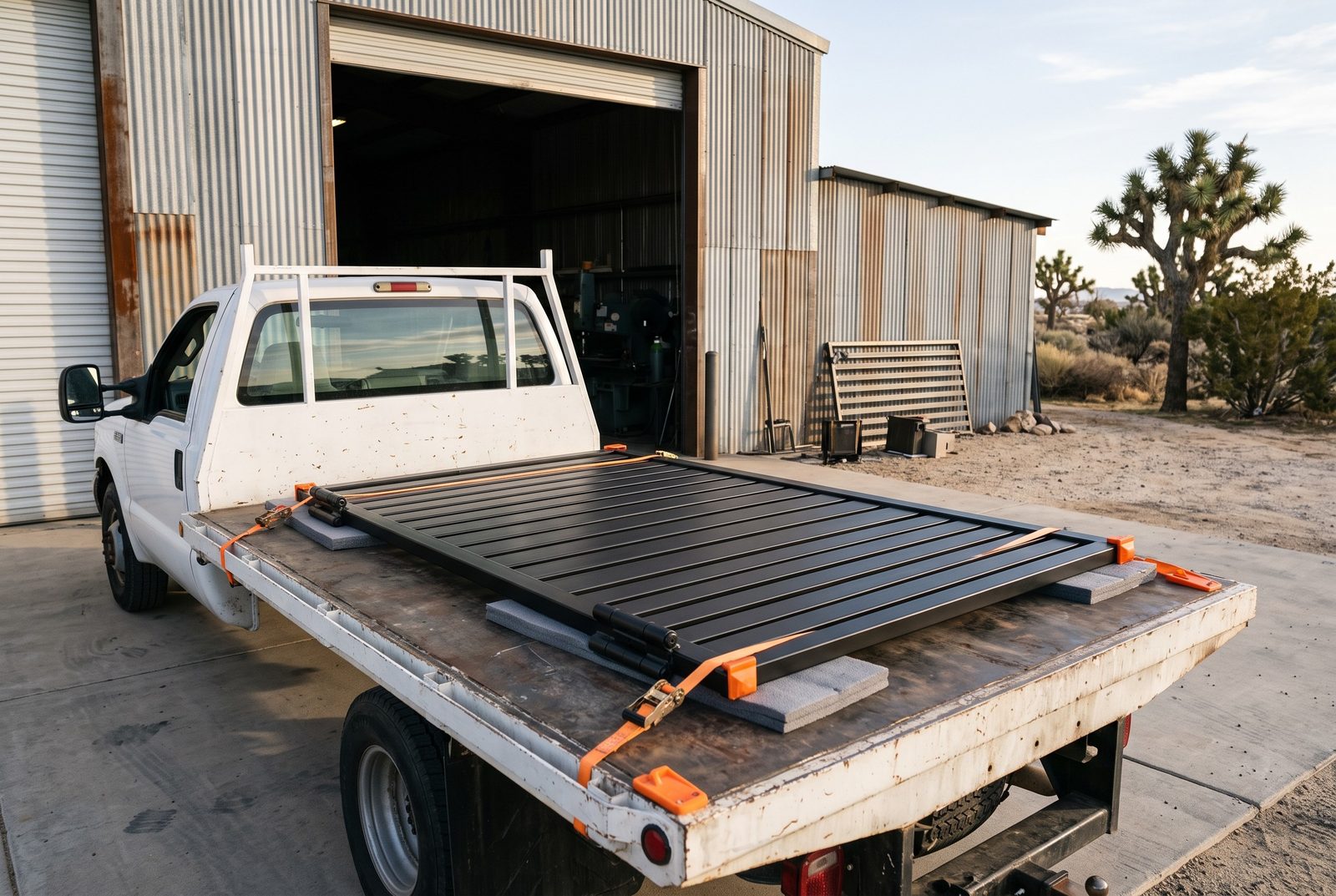 Design rendering of a finished black steel slat gate leaf strapped to a flatbed truck outside a fabrication shop