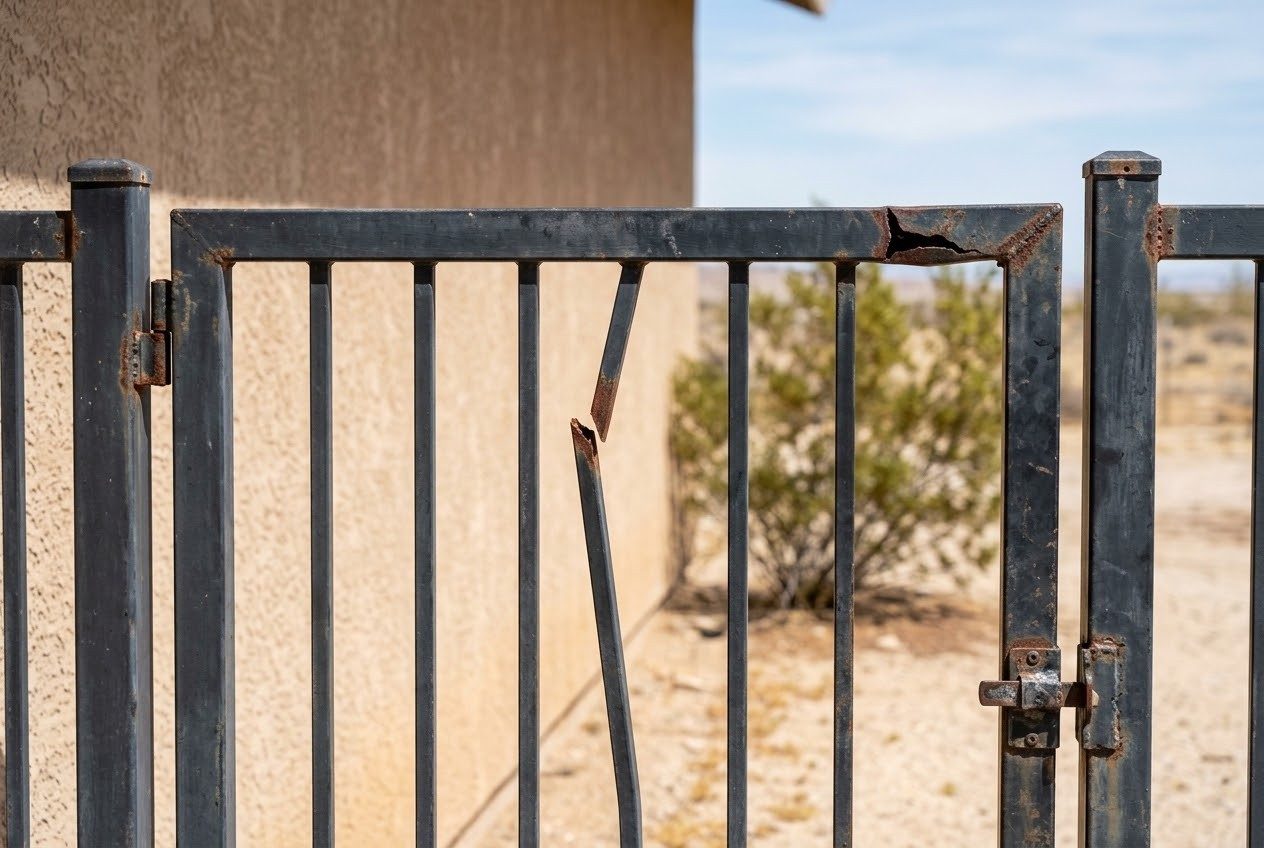 Design rendering of a flat top steel picket gate with a snapped picket and a cracked weld along its top rail