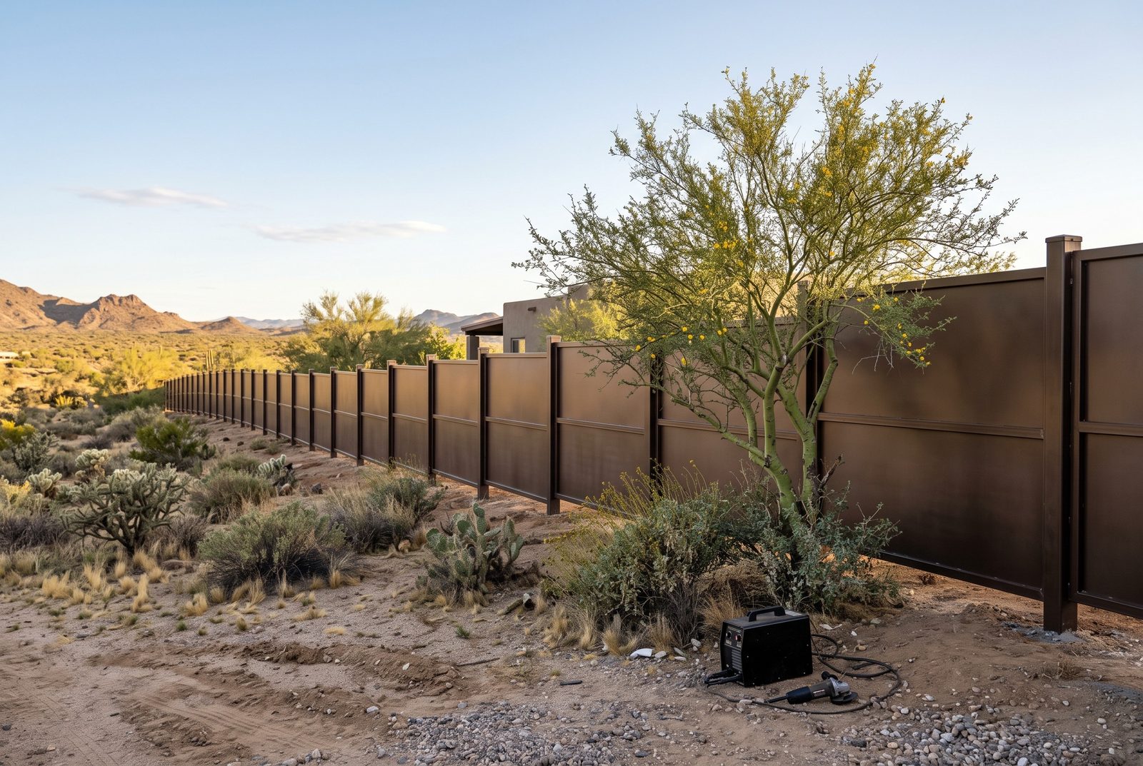 Design rendering of a long solid brown steel panel privacy fence along an open desert lot, with a welder and a grinder resting on the ground beside it