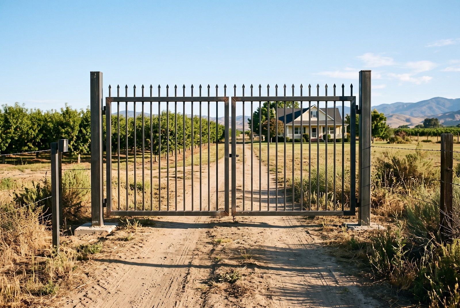 Design rendering of a double steel picket gate with spear tops across a dirt drive, an orchard and farmhouse behind