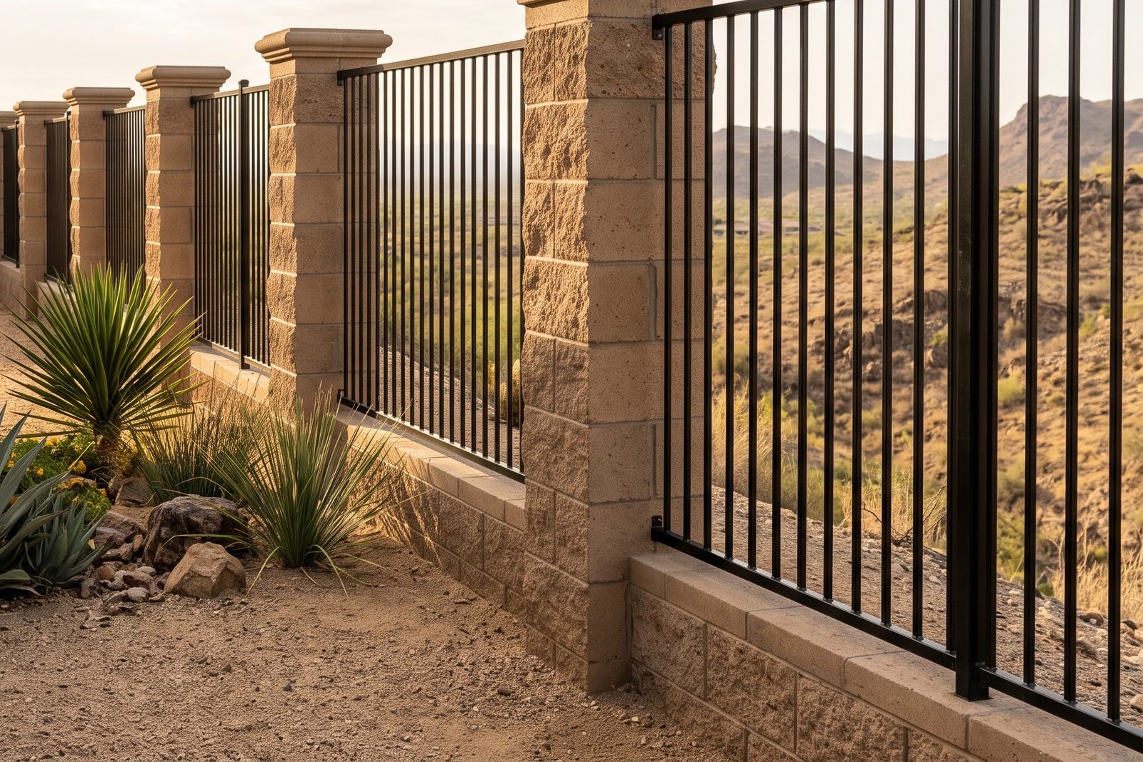 Design rendering of split face block pilasters with decorative caps and black steel picket panels between them