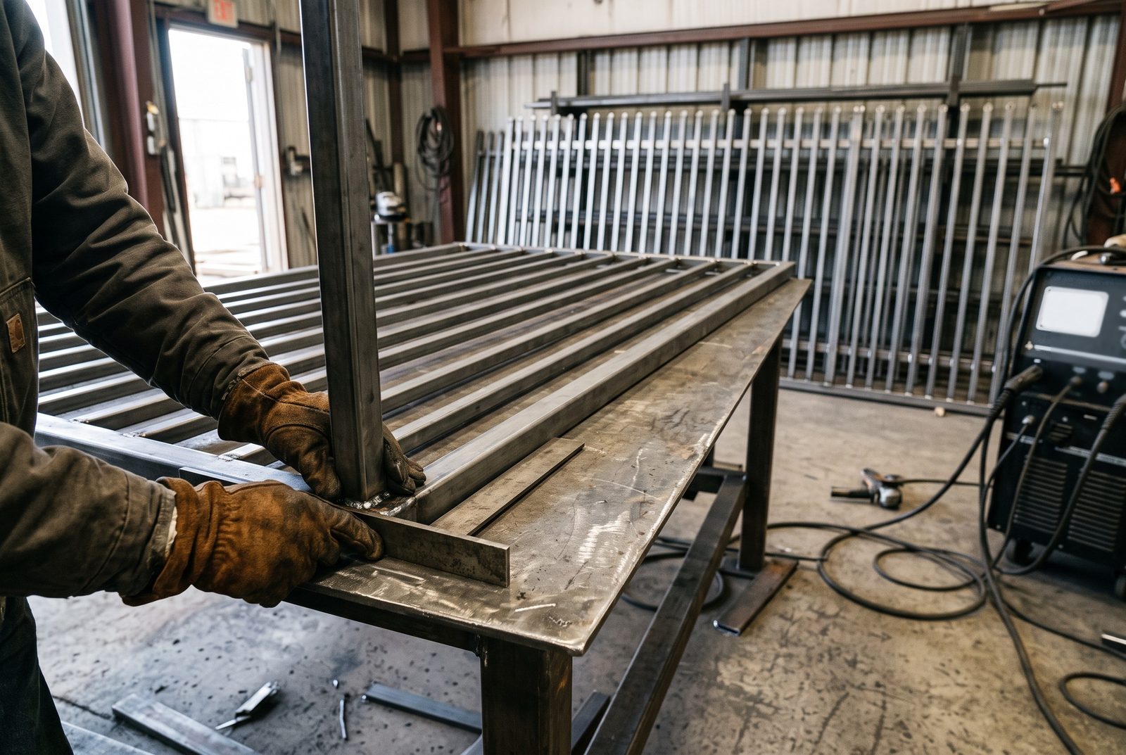 Design rendering of gloved hands checking a raw steel picket fence panel with a framing square on a welding table