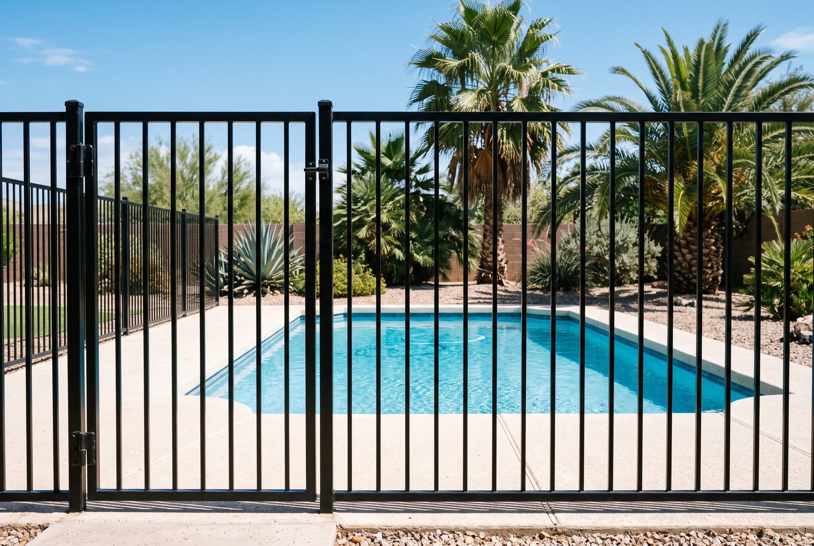 Design rendering of a black steel picket fence and gate around a backyard pool