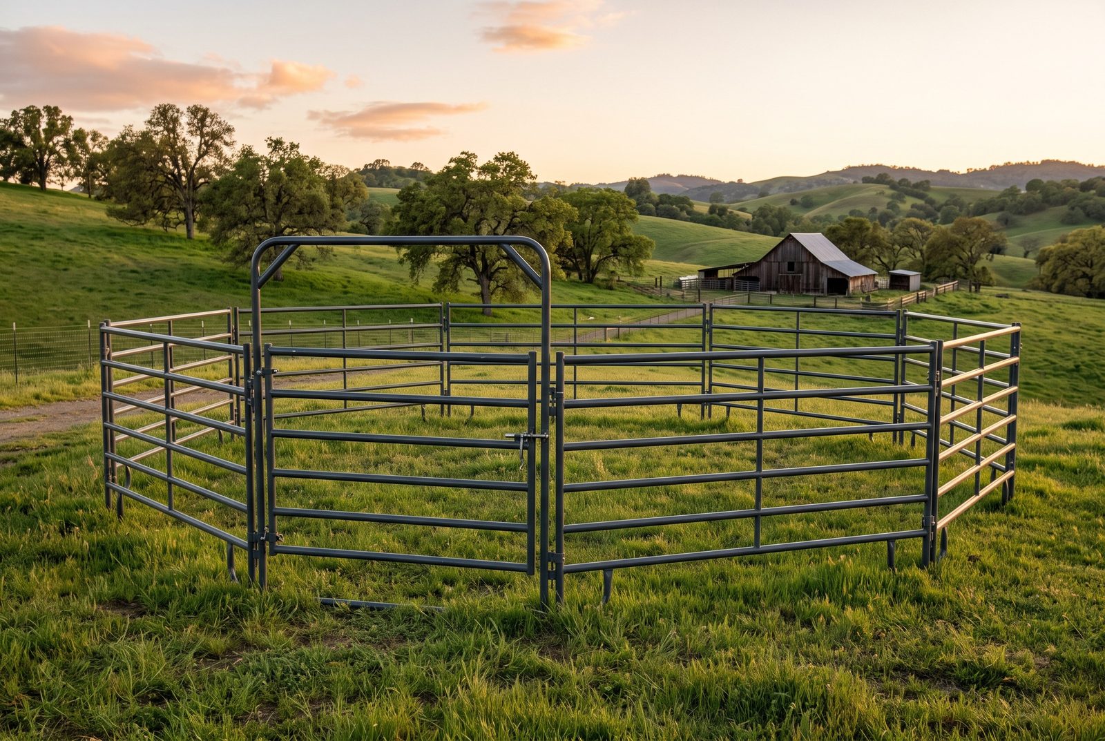 Design rendering of a round pen built from steel pipe panels with a walk-through gate, on green pasture with a barn behind