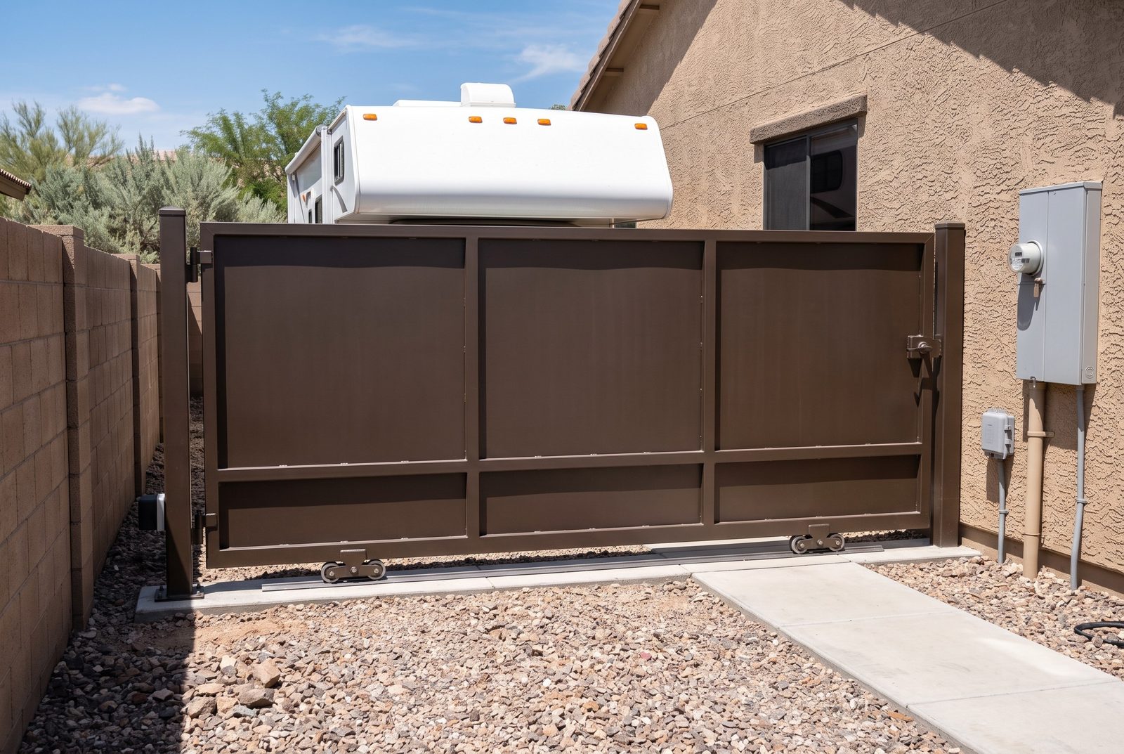 Design rendering of a solid brown steel slide gate closing a side yard opening in front of a parked RV, running on a ground track beside a stucco house