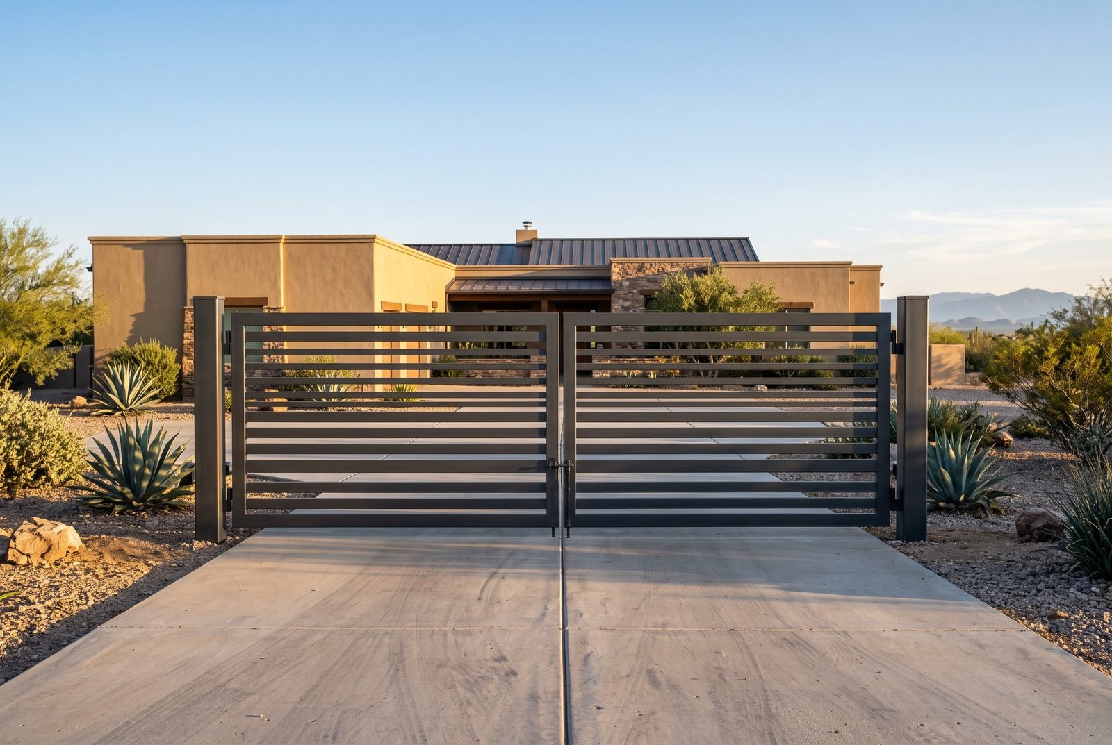 Design rendering of a double swing steel driveway gate with horizontal slats across a concrete drive