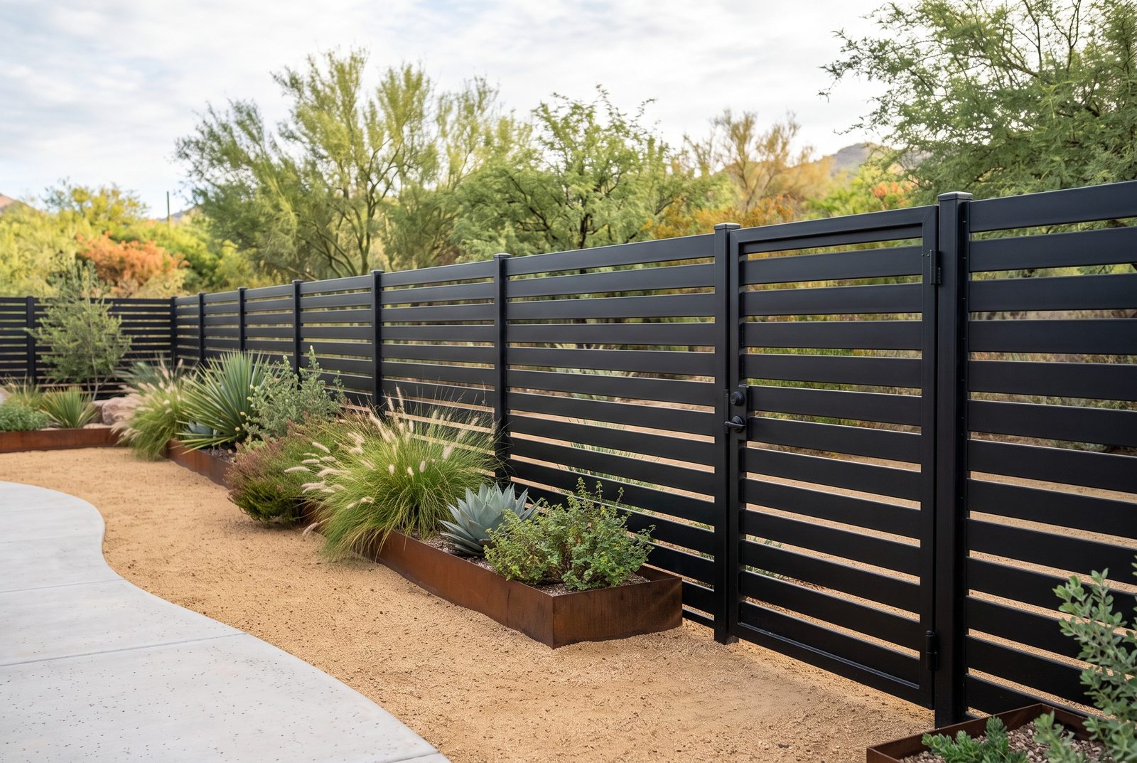 Design rendering of a horizontal slat steel privacy fence with a matching walk gate beside a garden path