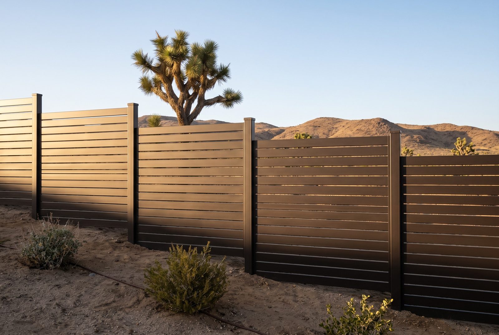 Design rendering of a dark bronze steel slat privacy fence stepping down a sloping back yard