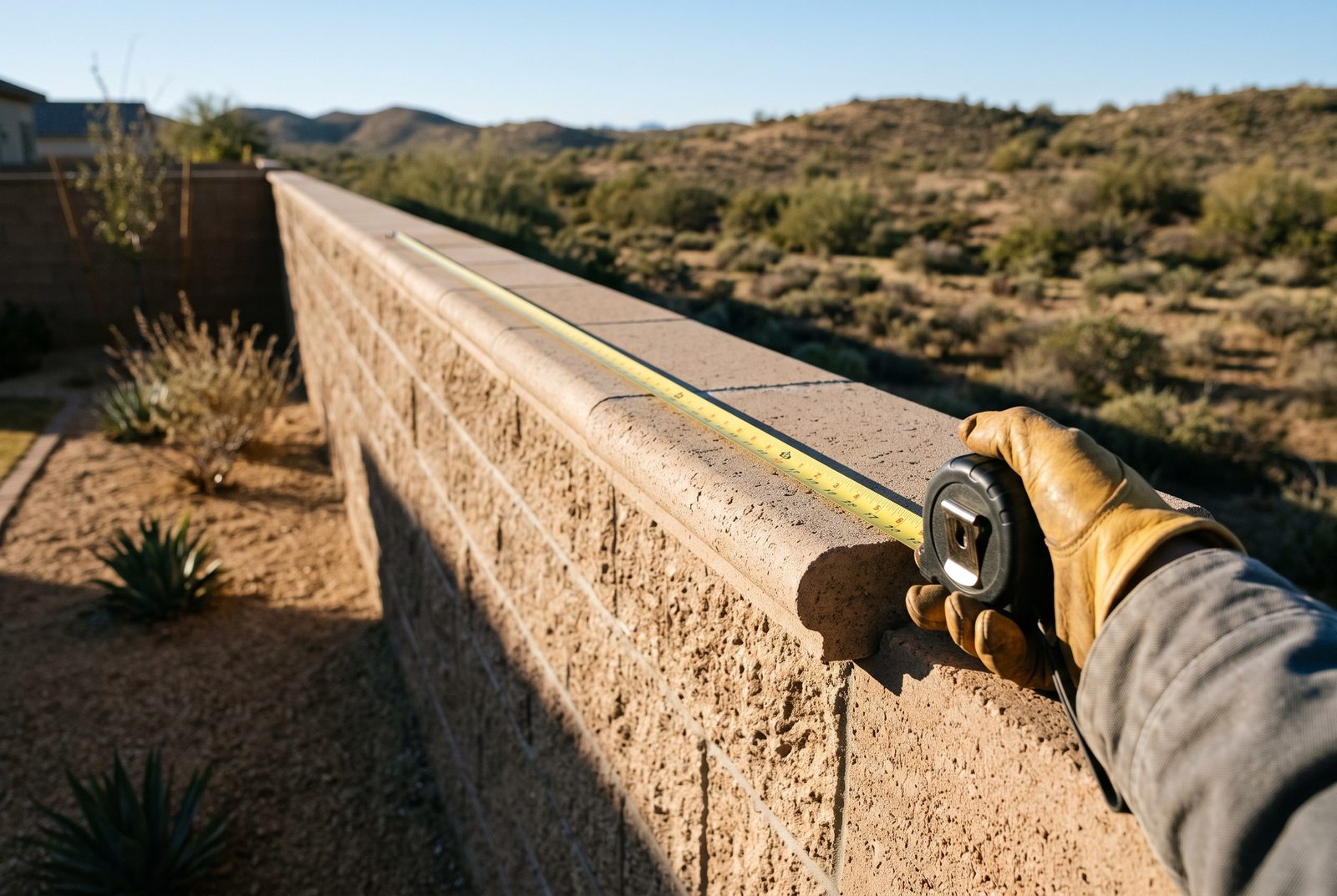 Design rendering of a tape measure stretched along the cap of a split face block wall