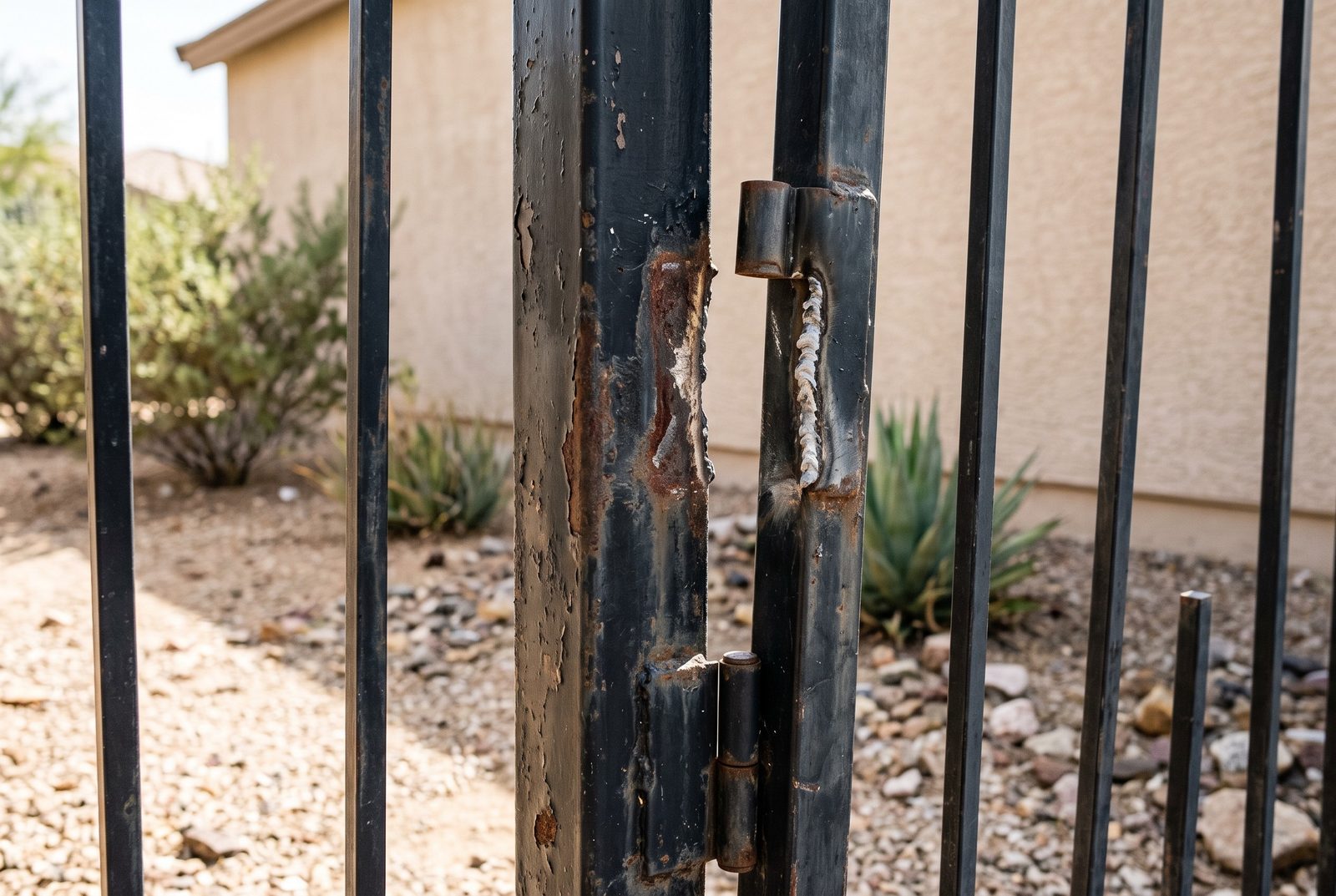 Design rendering of a steel gate hinge torn loose from its square tube post, the broken weld showing bare metal