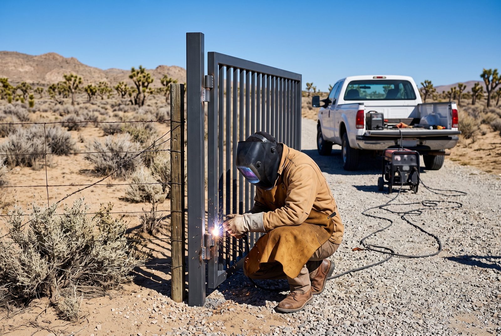 Design rendering of a welder welding a hinge on a steel gate still hanging at a desert property, with a work truck behind