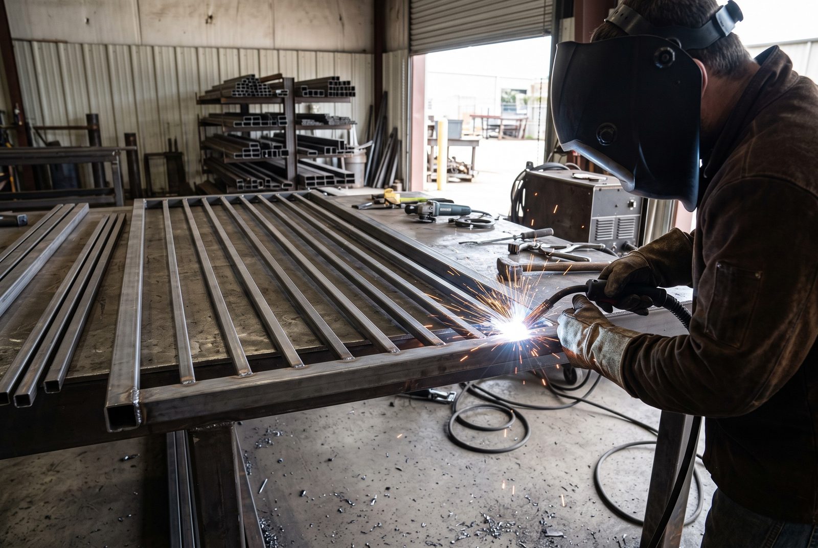 Design rendering of a welder in a helmet welding steel pickets into a gate frame on a shop table