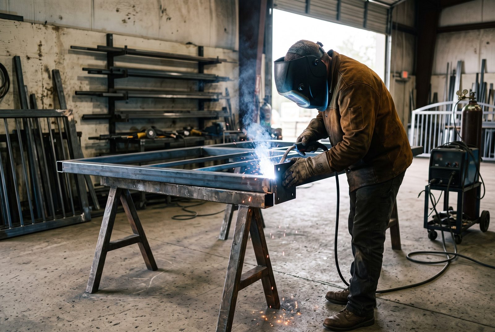 Design rendering of a welder MIG welding a hinge plate onto a steel gate frame on sawhorses inside a shop