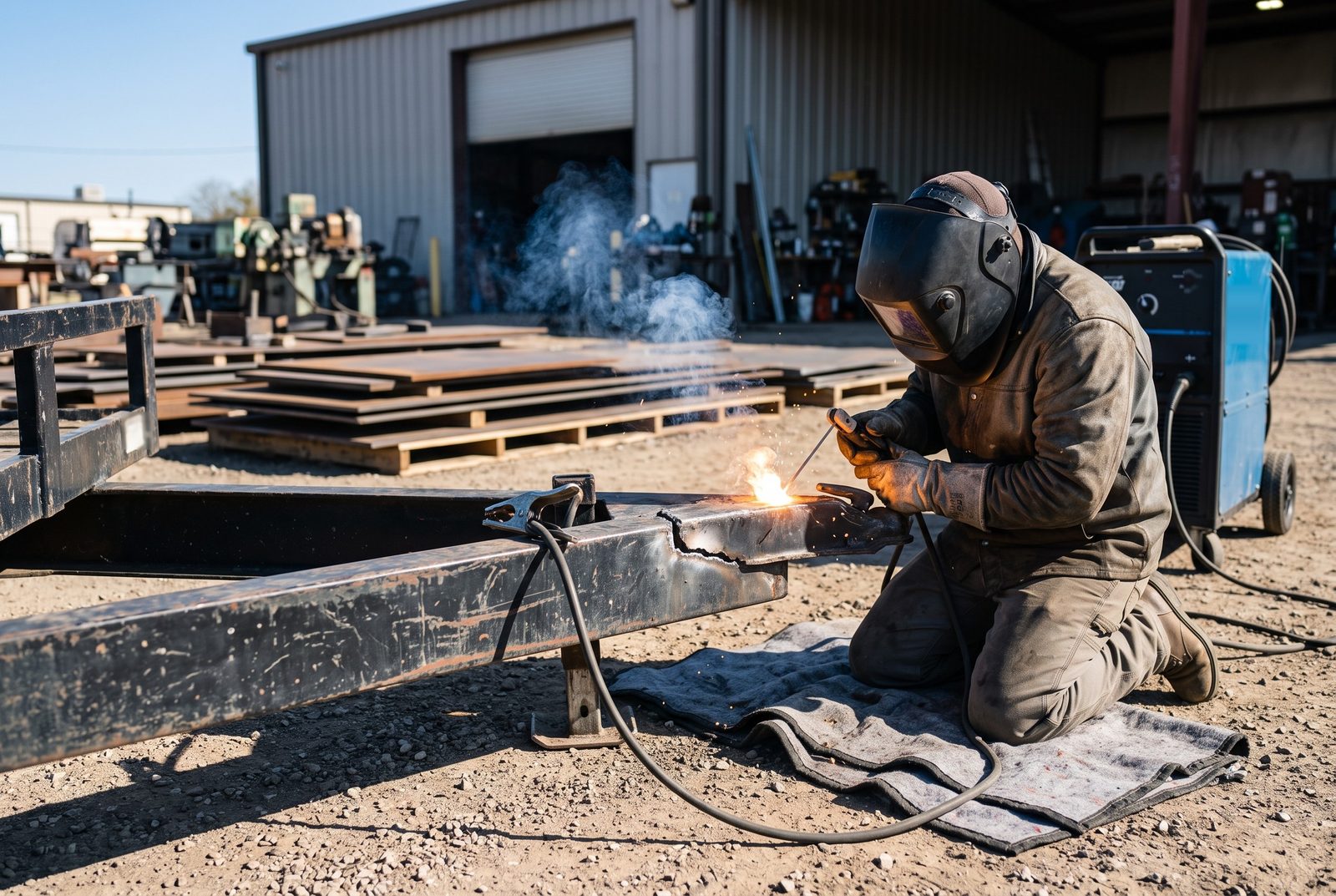Design rendering of a welder kneeling on a mat to weld a cracked trailer tongue outside a steel shop building