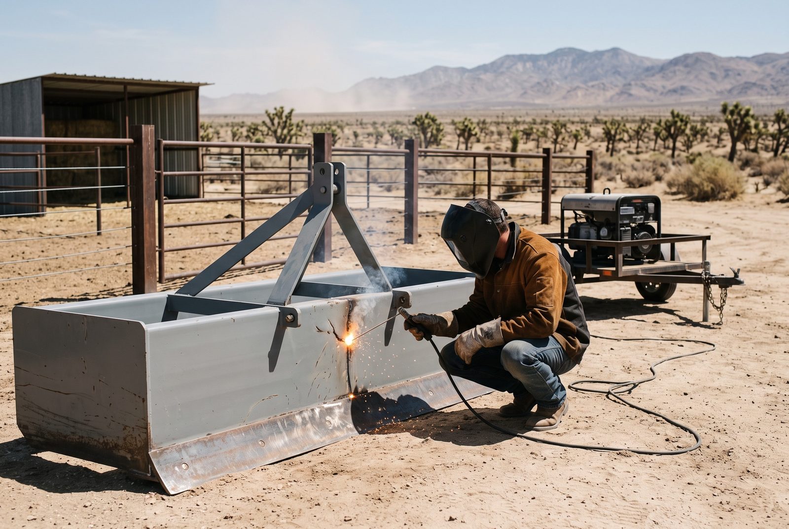 Design rendering of a welder repairing a cracked steel box scraper implement in a dirt ranch yard