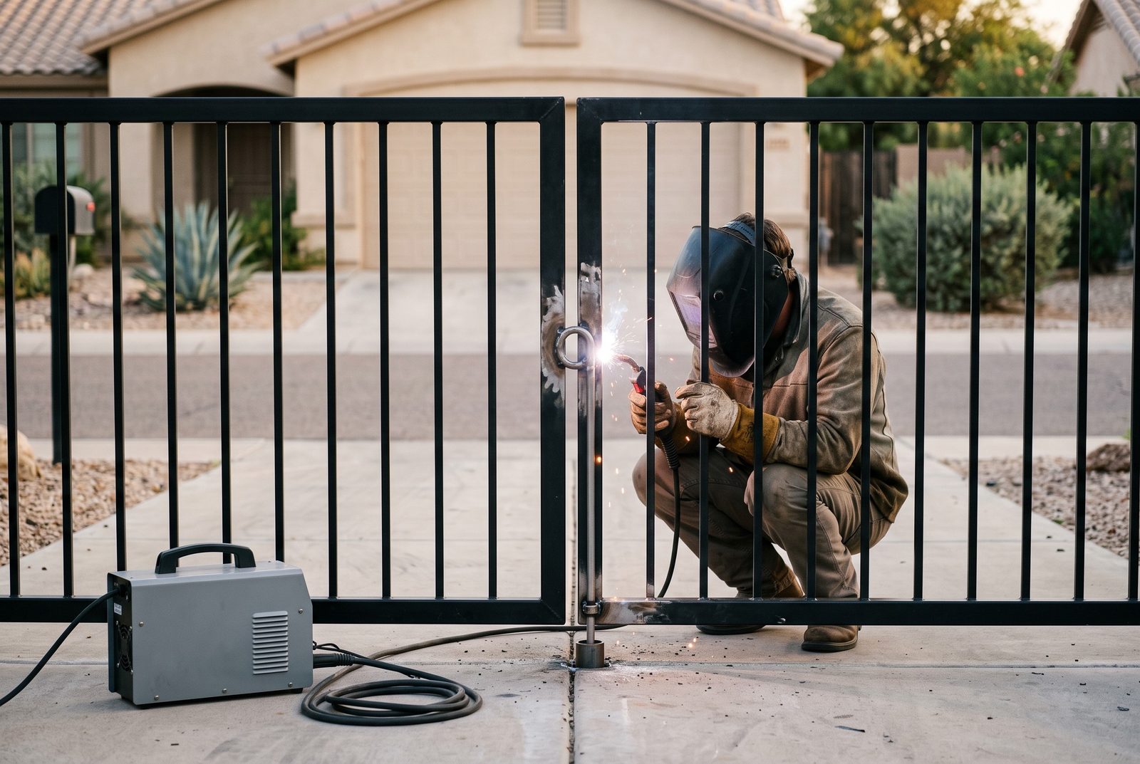 Design rendering of a welder welding a drop rod guide onto a double steel picket driveway gate